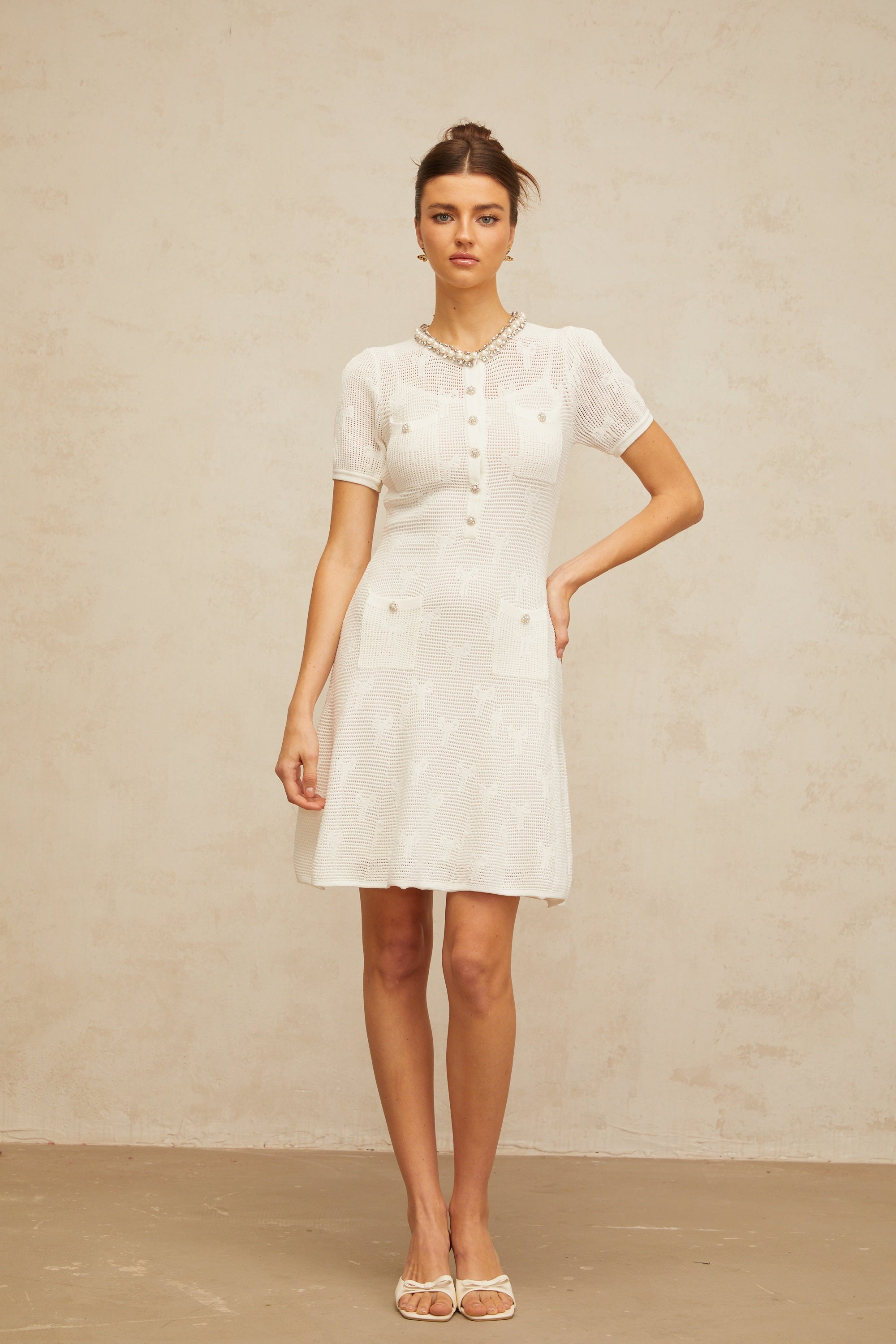Marjolaine white embellished crochet-knit mini dress