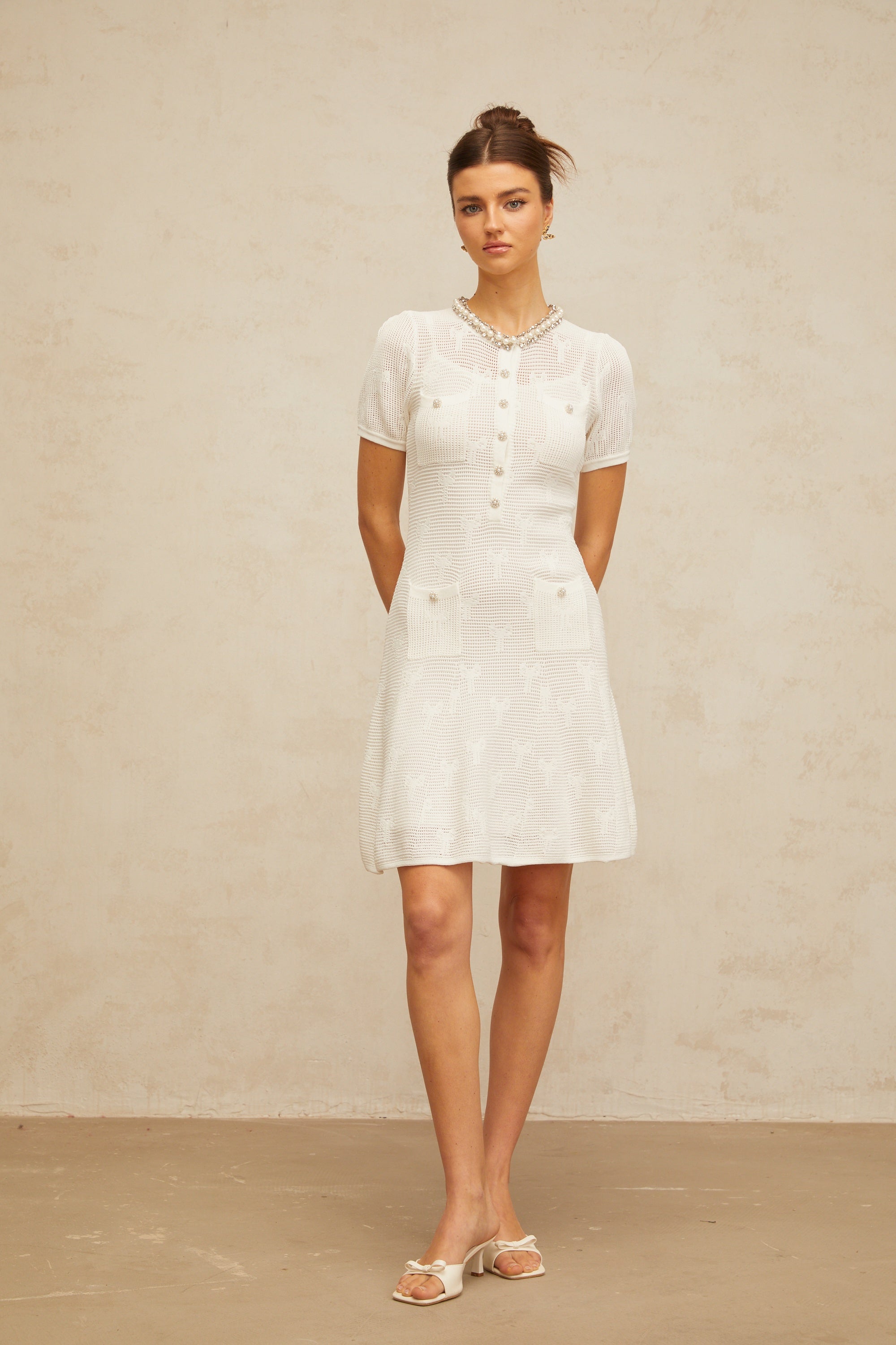 Marjolaine white embellished crochet-knit mini dress