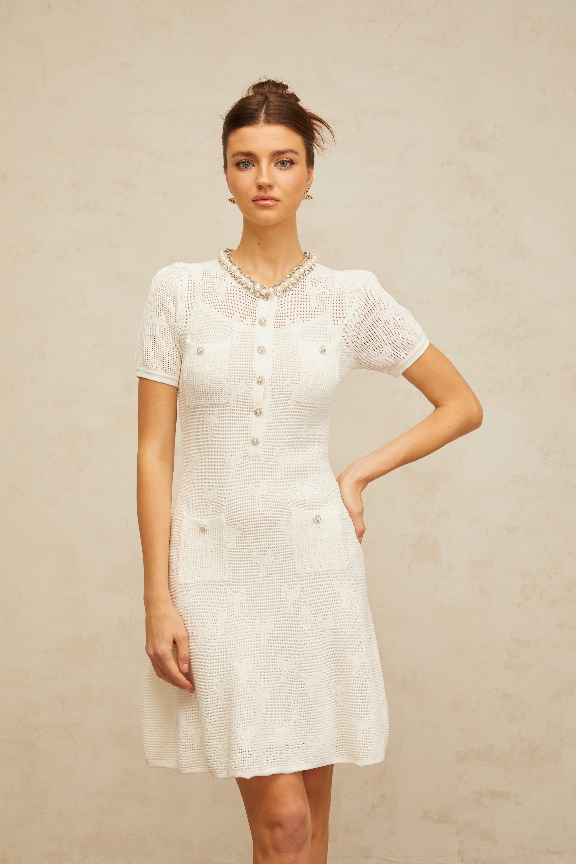 Marjolaine white embellished crochet-knit mini dress