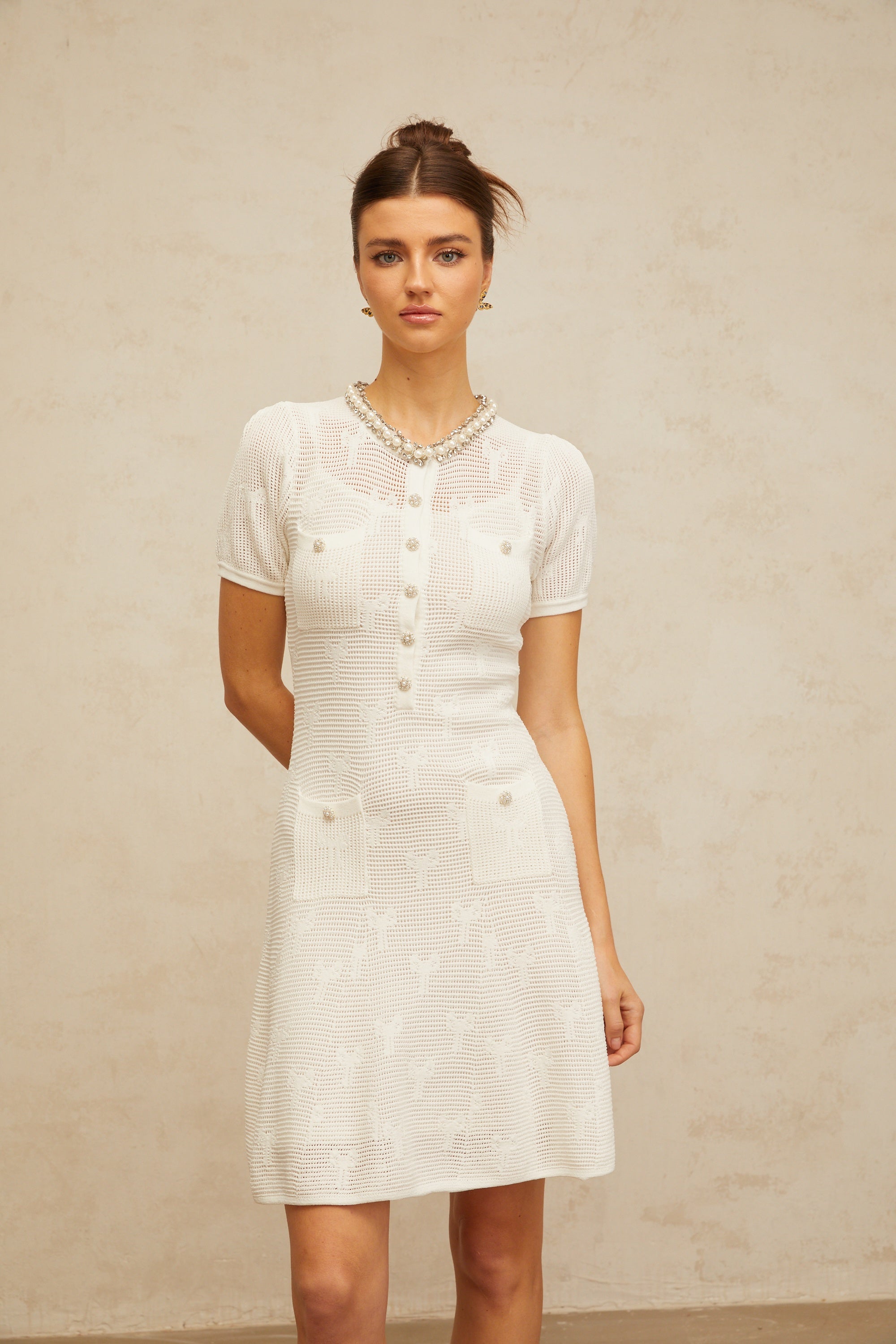 Marjolaine white embellished crochet-knit mini dress
