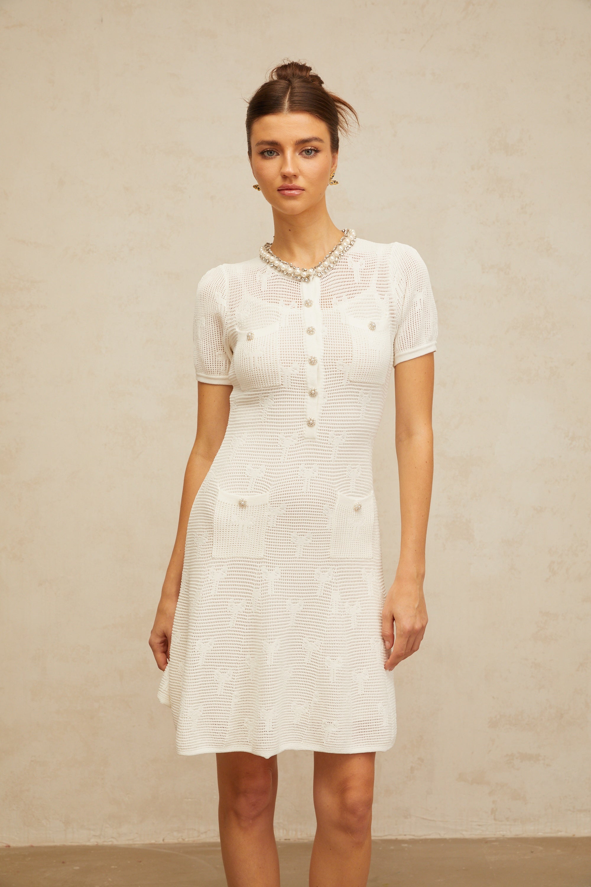 Marjolaine white embellished crochet-knit mini dress