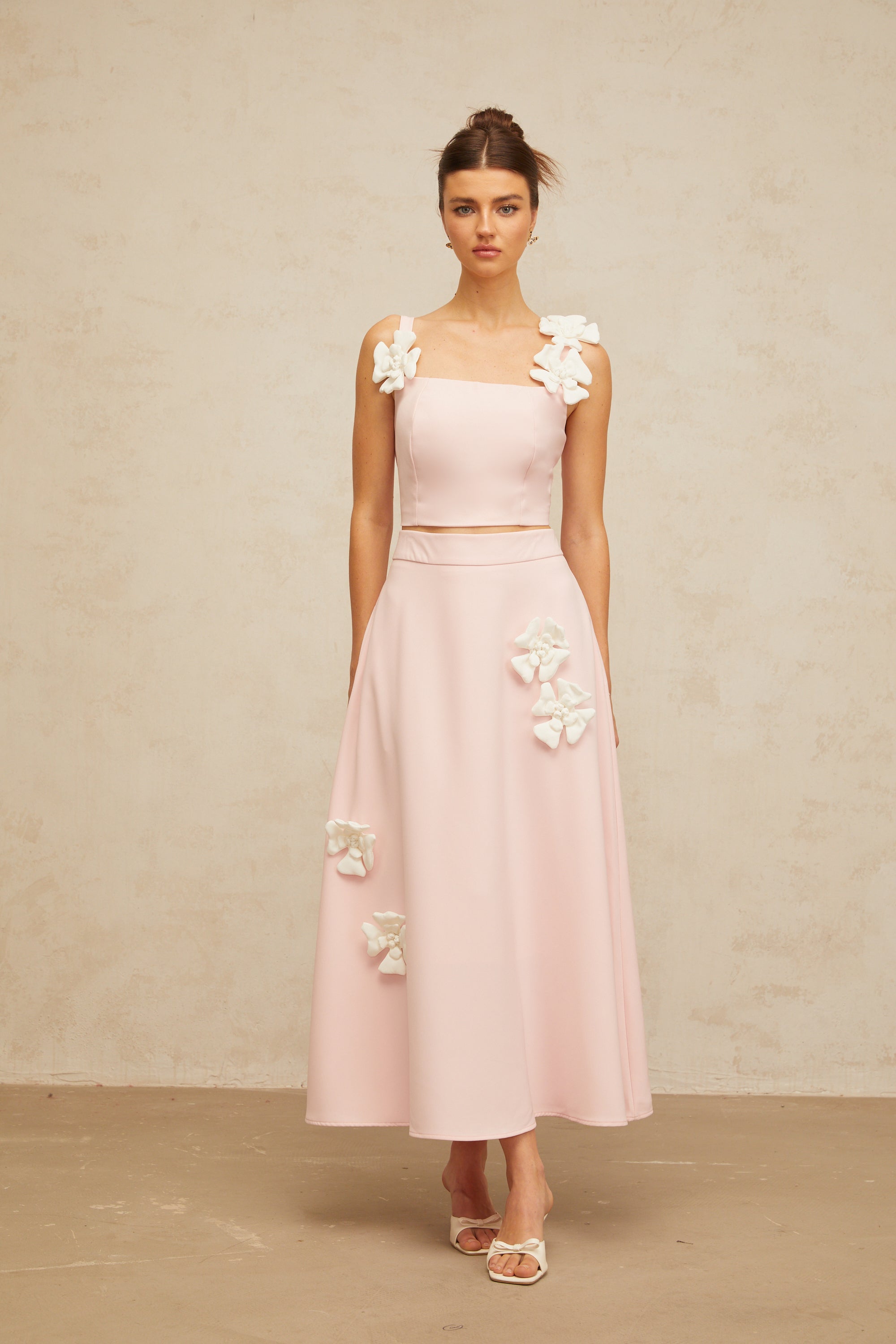 Uxue pink floral-appliqué top & skirt matching set