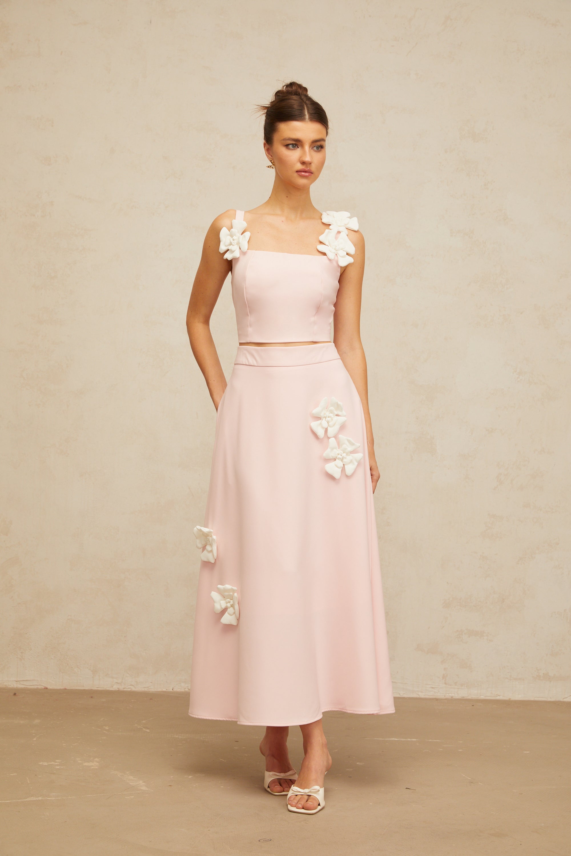 Uxue pink floral-appliqué top & skirt matching set