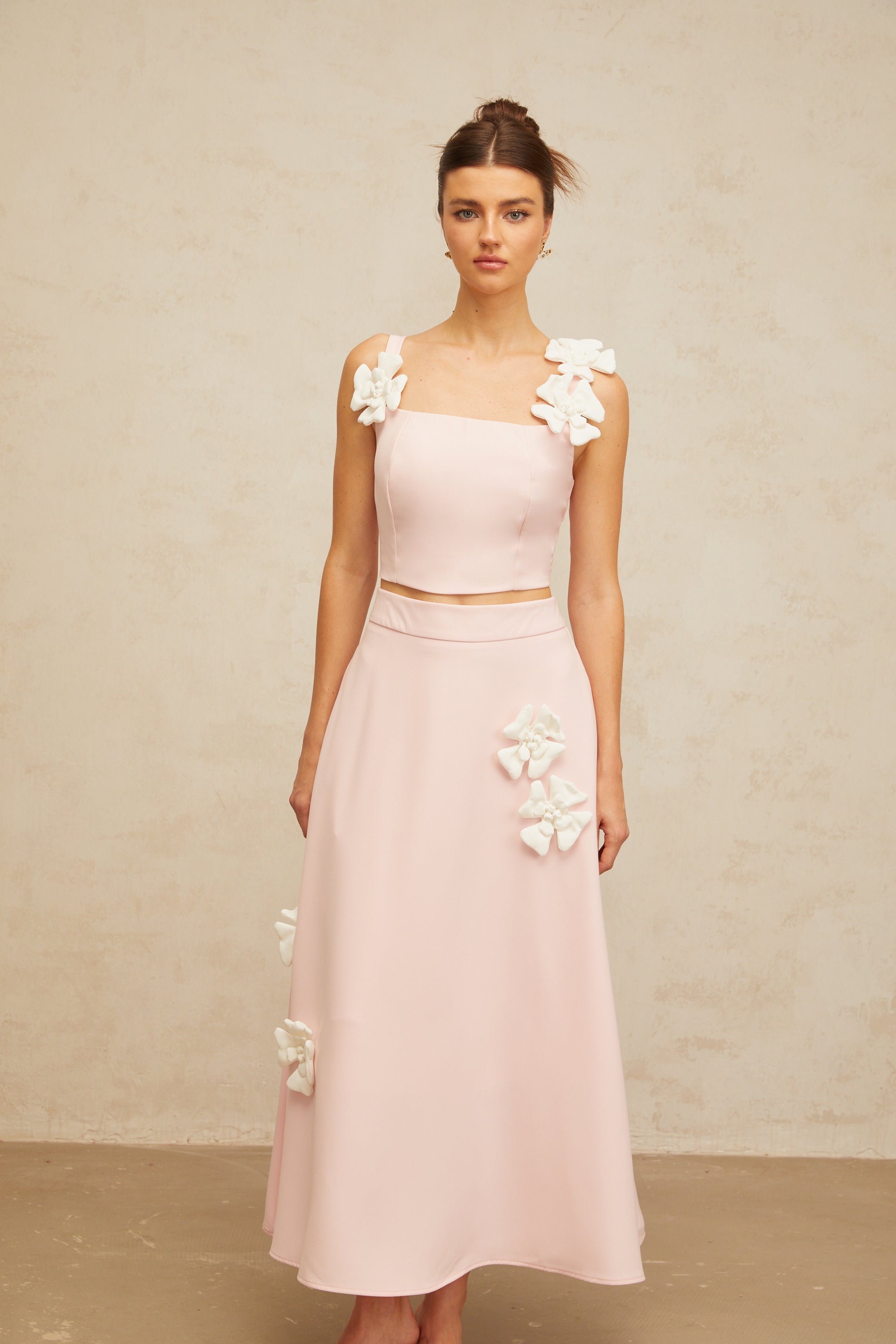 Uxue pink floral-appliqué top & skirt matching set