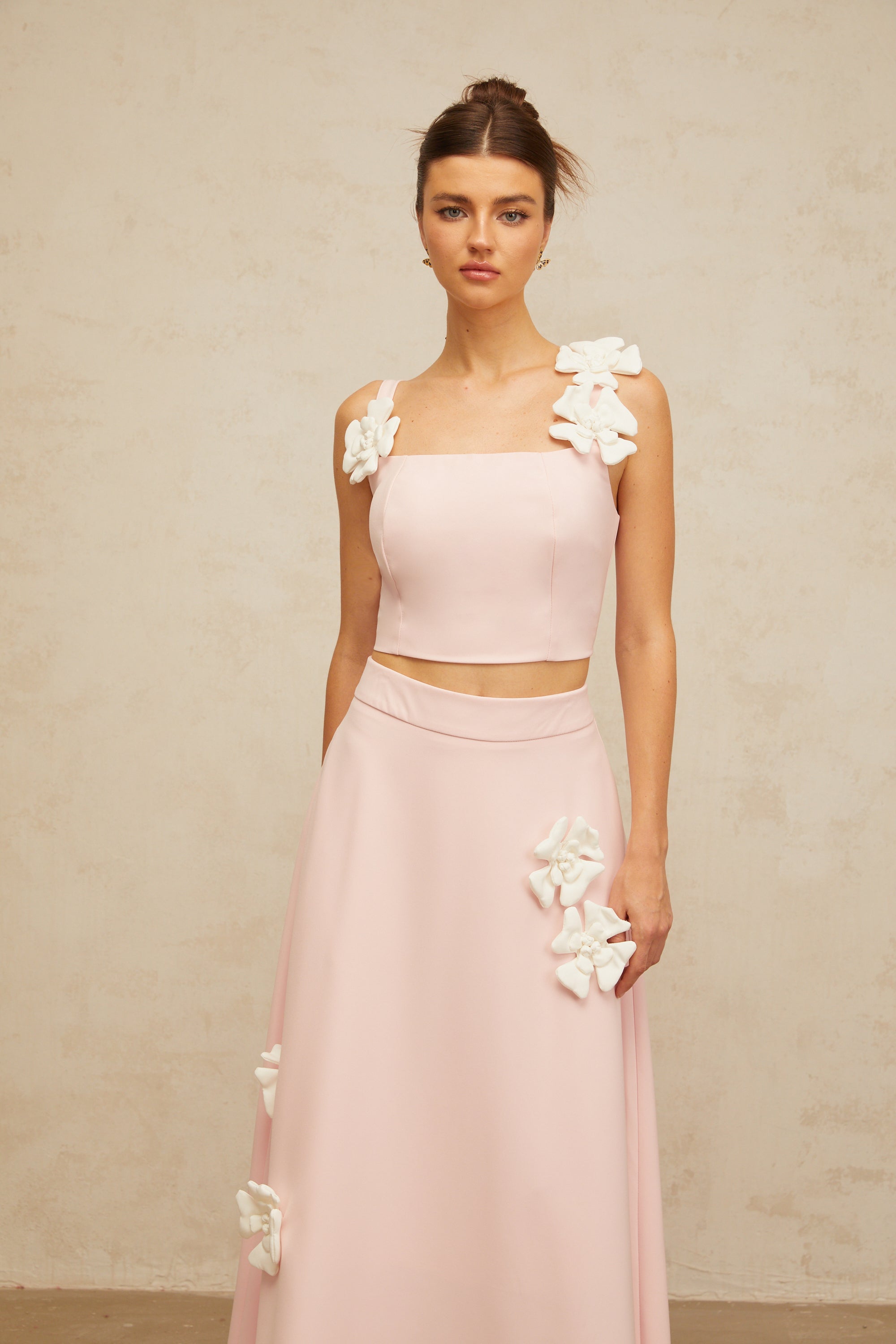 Uxue pink floral-appliqué top & skirt matching set
