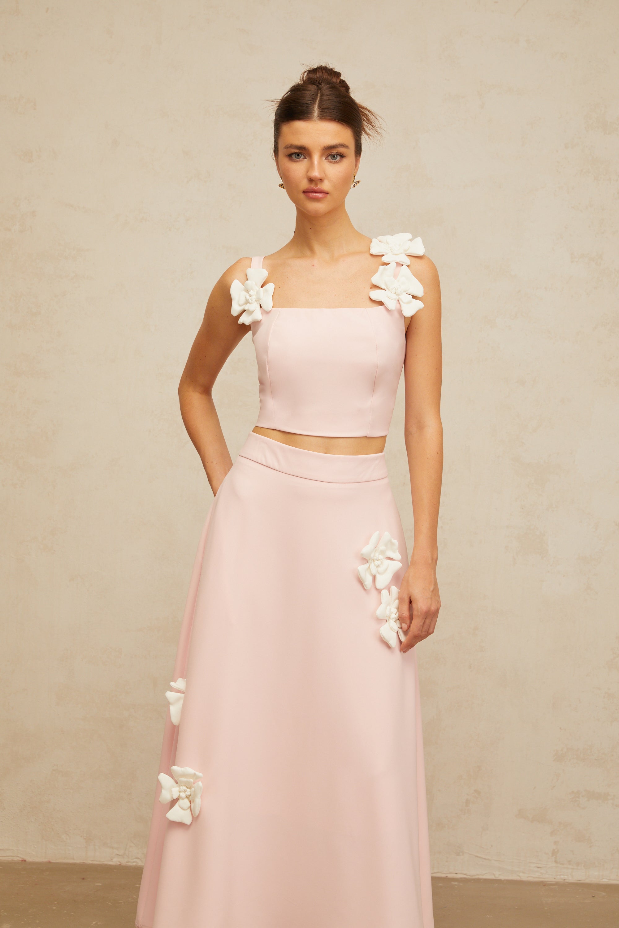 Uxue pink floral-appliqué top & skirt matching set