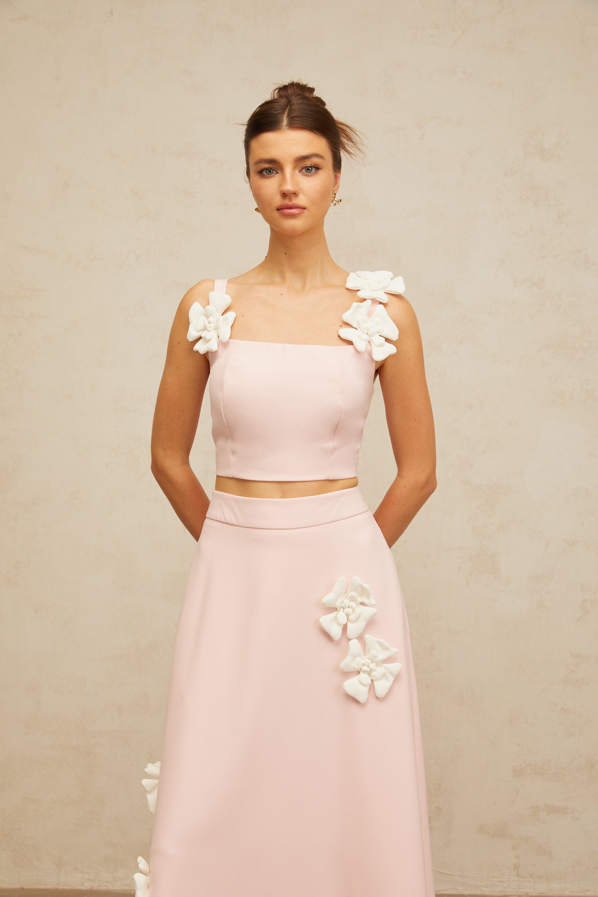 Uxue pink floral-appliqué top & skirt matching set