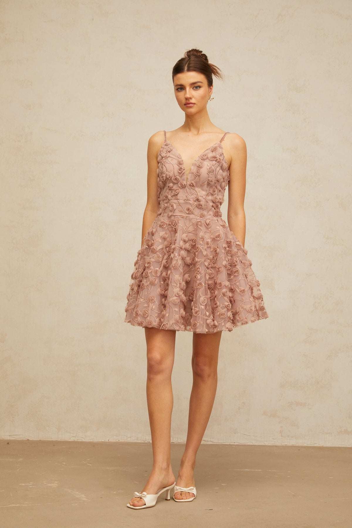 Aurore dusty-pink rose-appliqué flounced mini dress