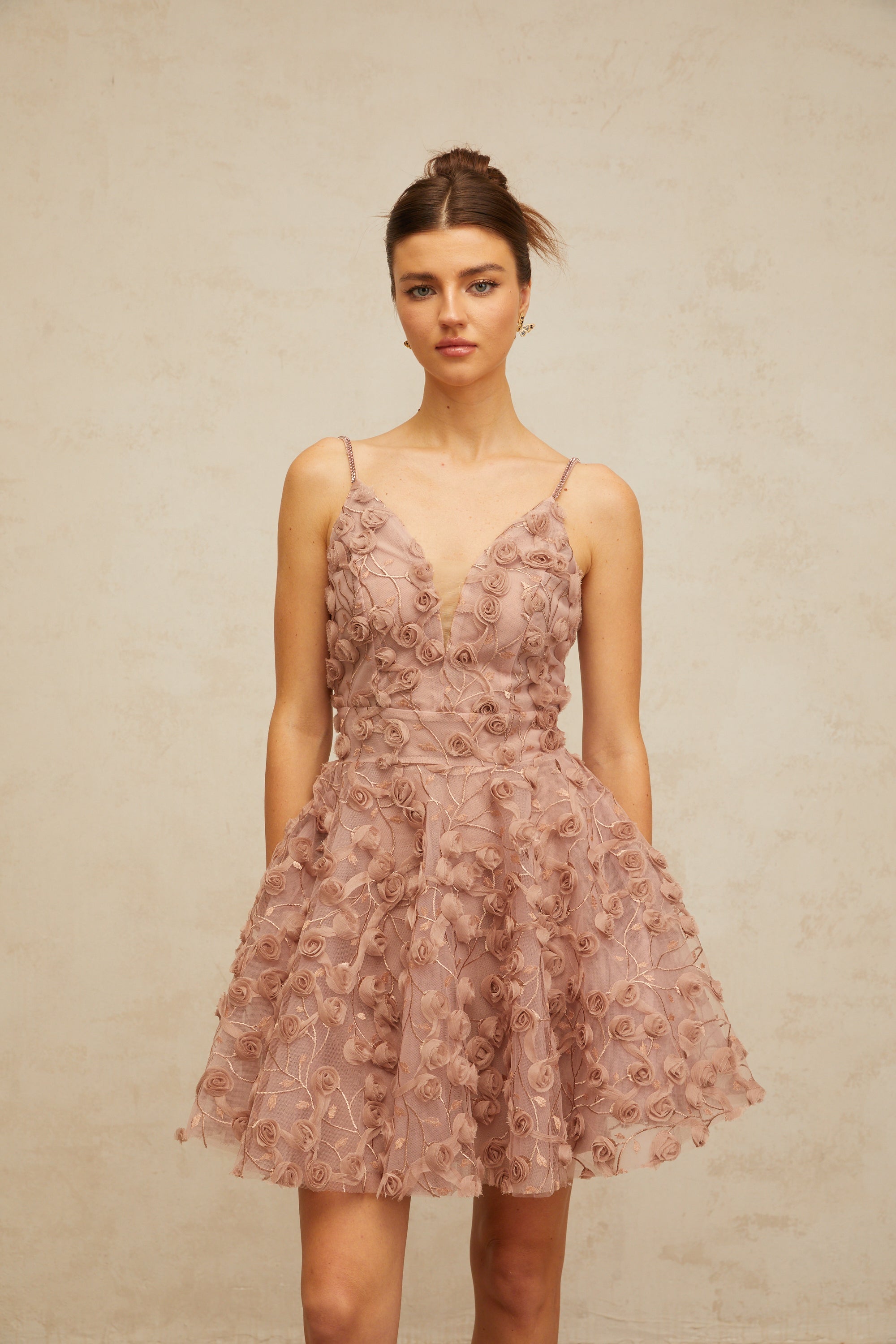 Aurore dusty-pink rose-appliqué flounced mini dress