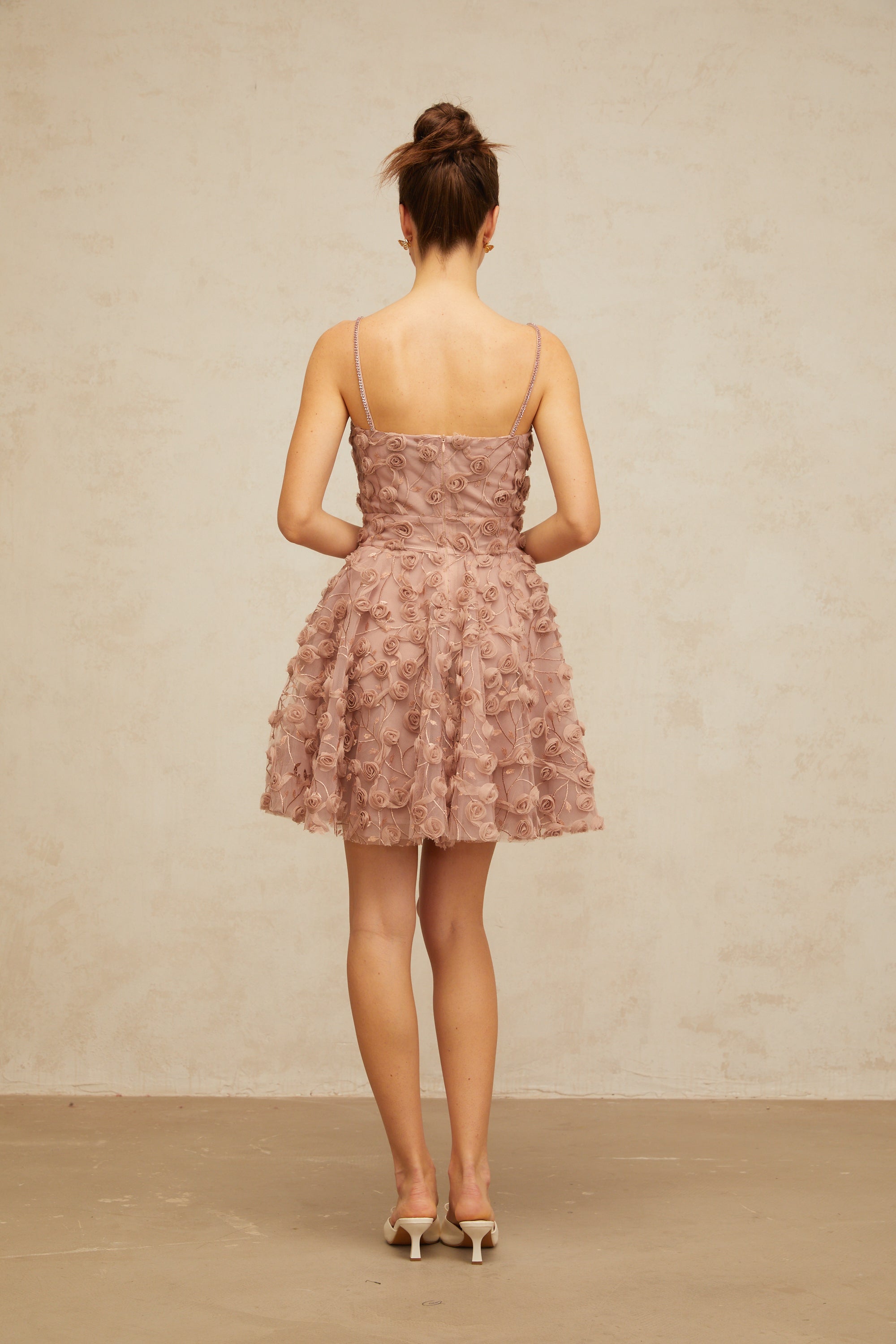 Aurore dusty-pink rose-appliqué flounced mini dress