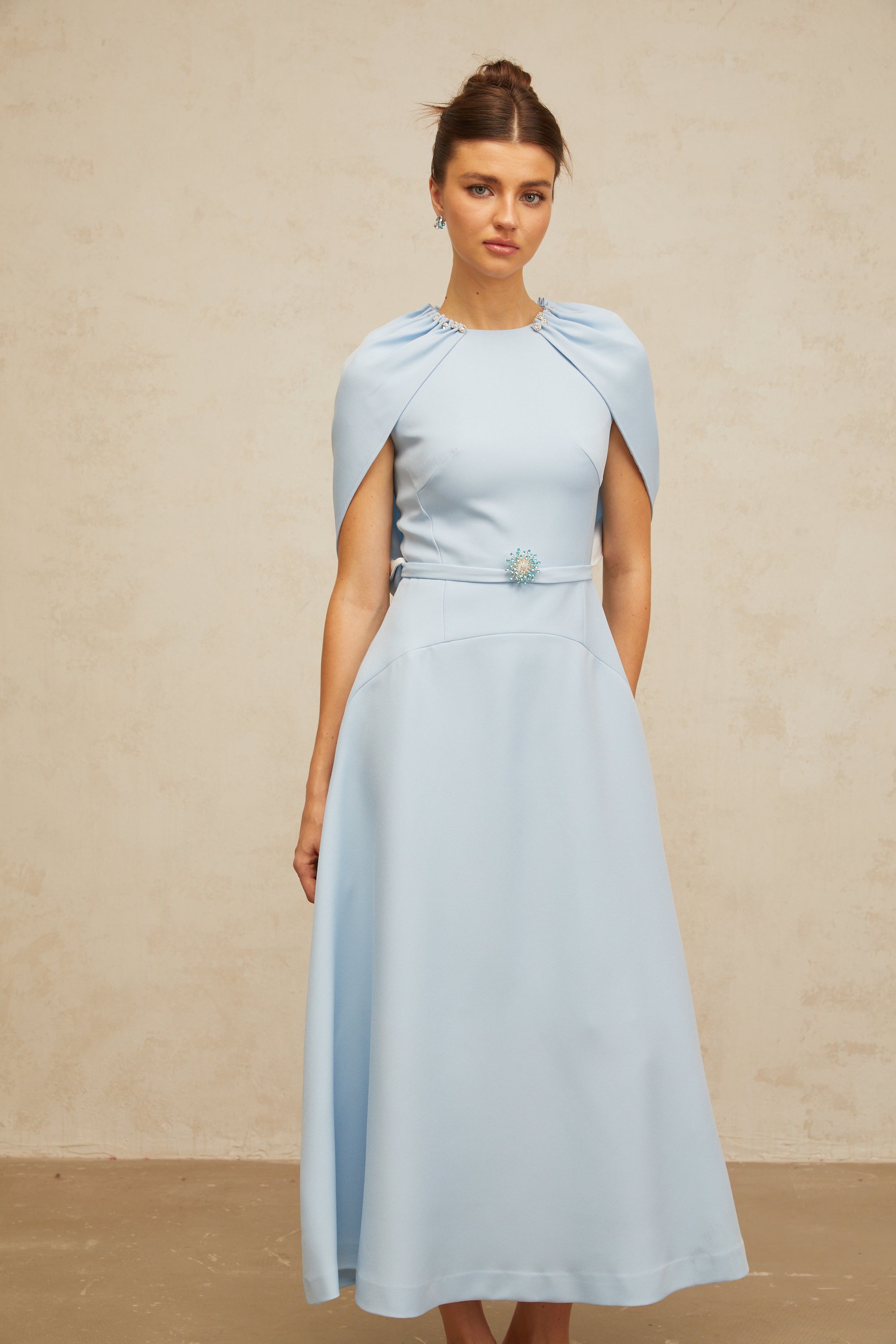 Lina blue shawl-panel embellished midi dress