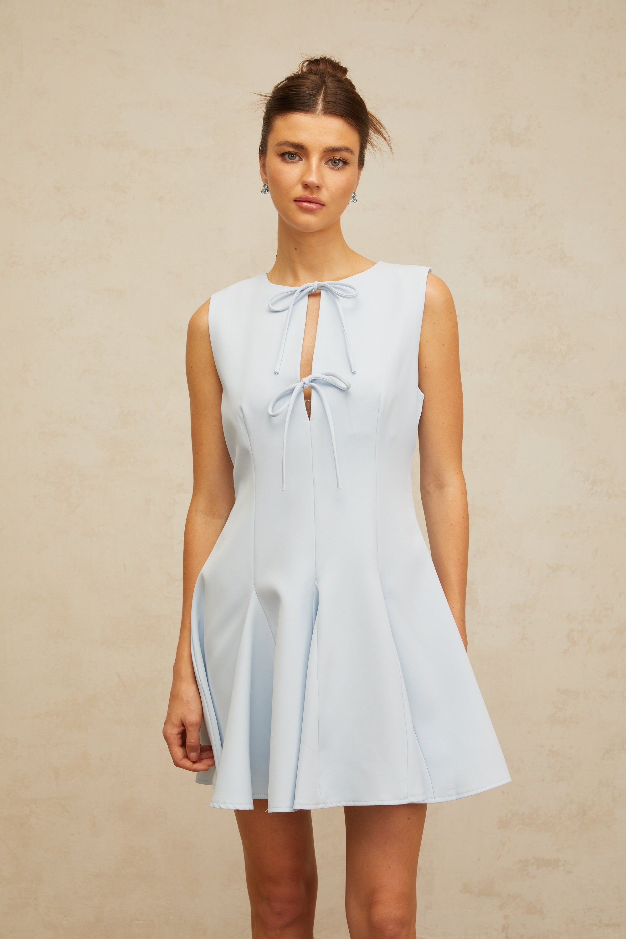Lyna blue bowknot godet-design mini dress