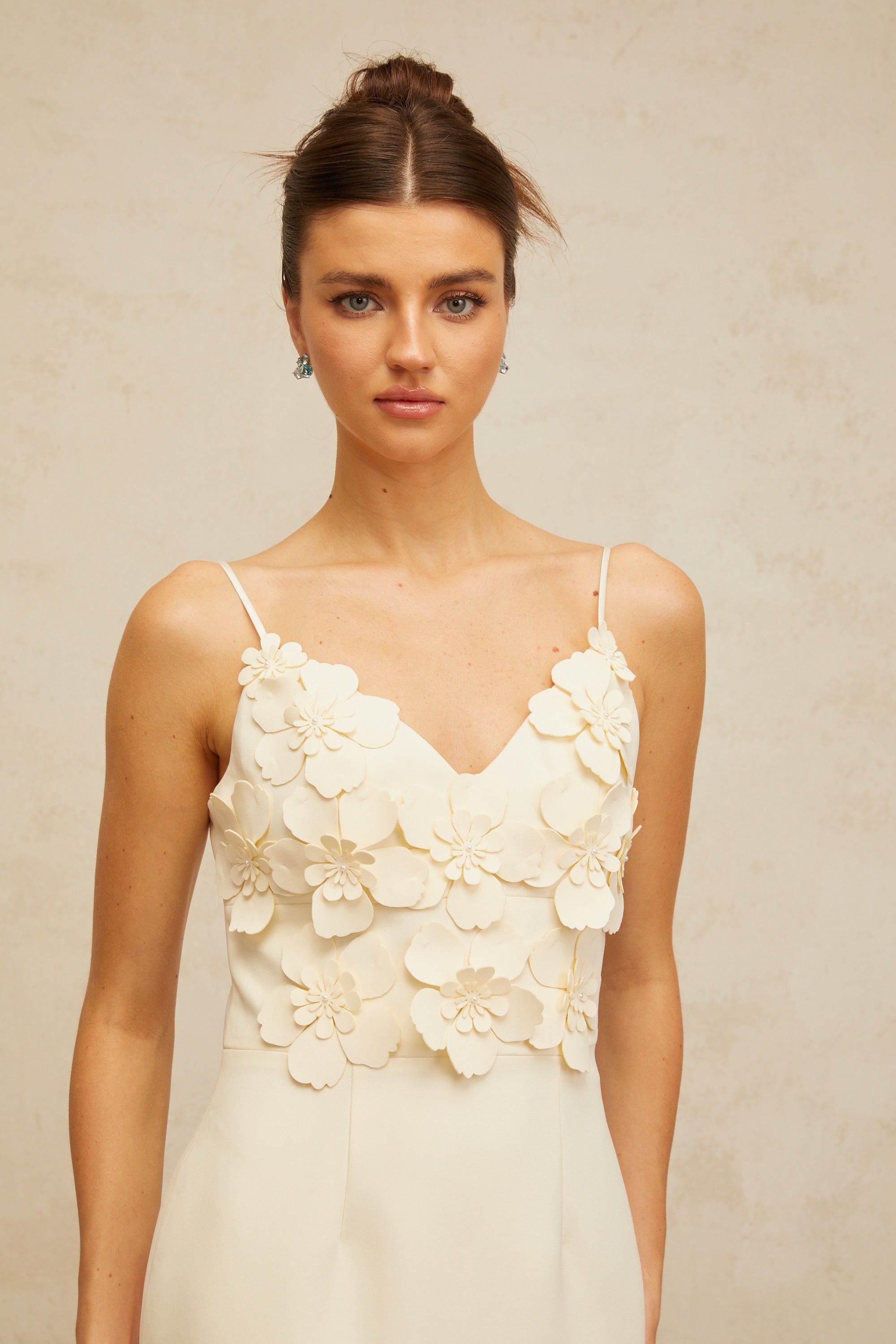 Xavière white V-neck 3d-petal mini dress