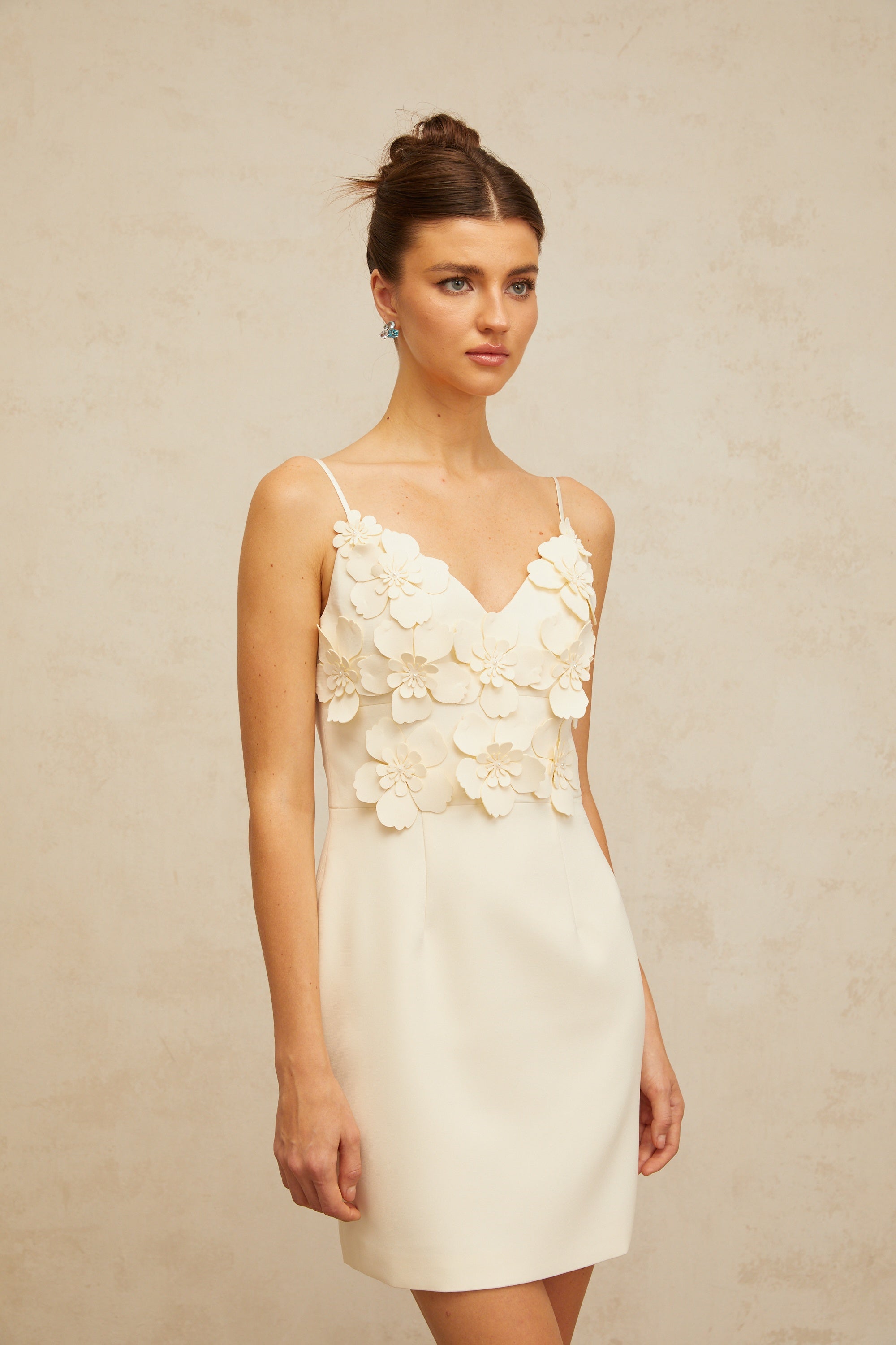 Xavière white V-neck 3d-petal mini dress