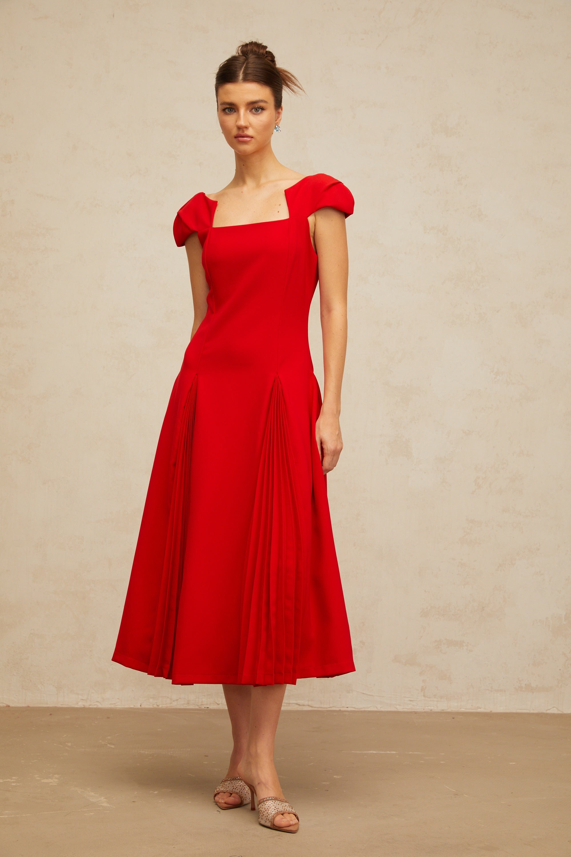Gervaise red pleated-detail flared midi dress