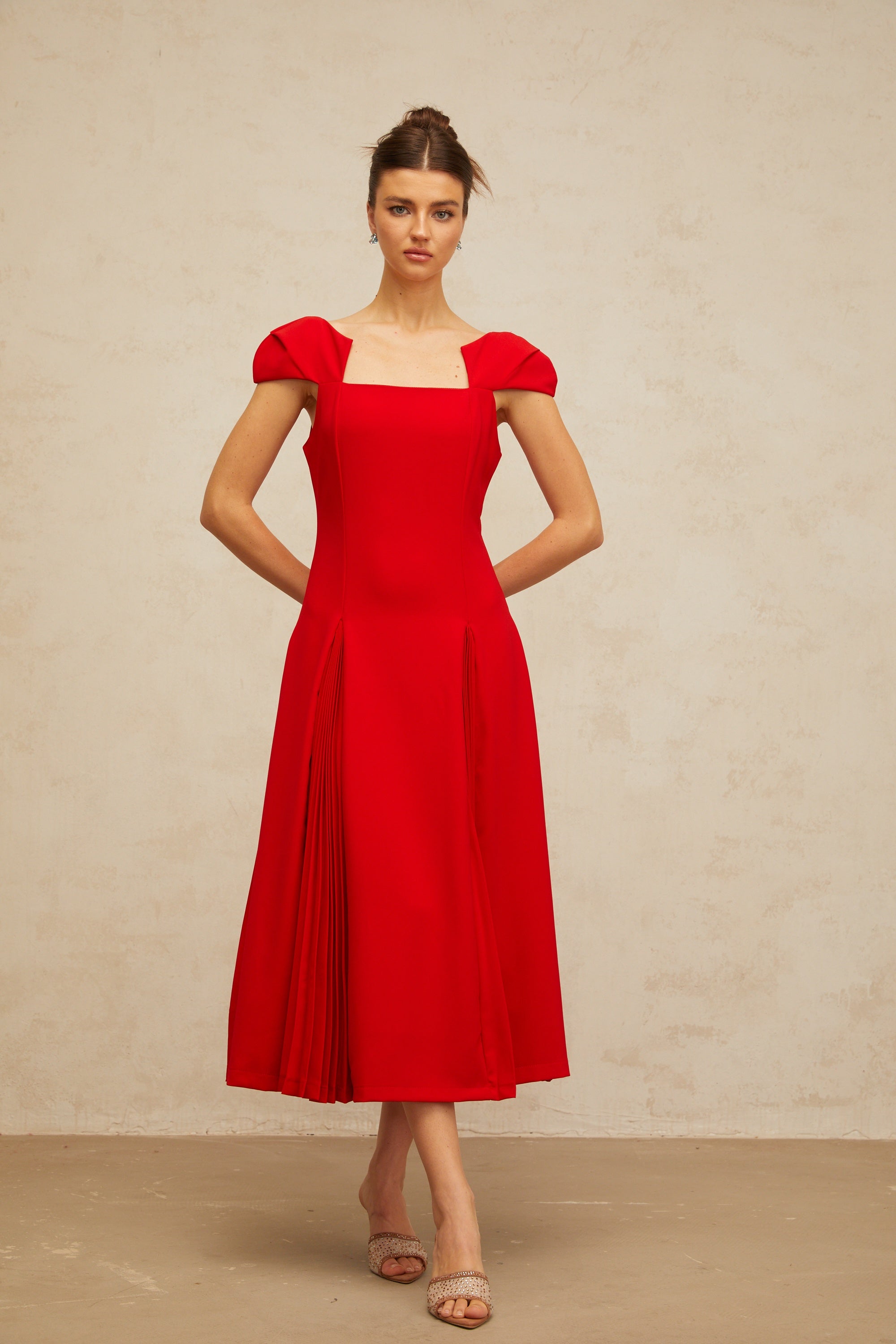 Gervaise red pleated-detail flared midi dress