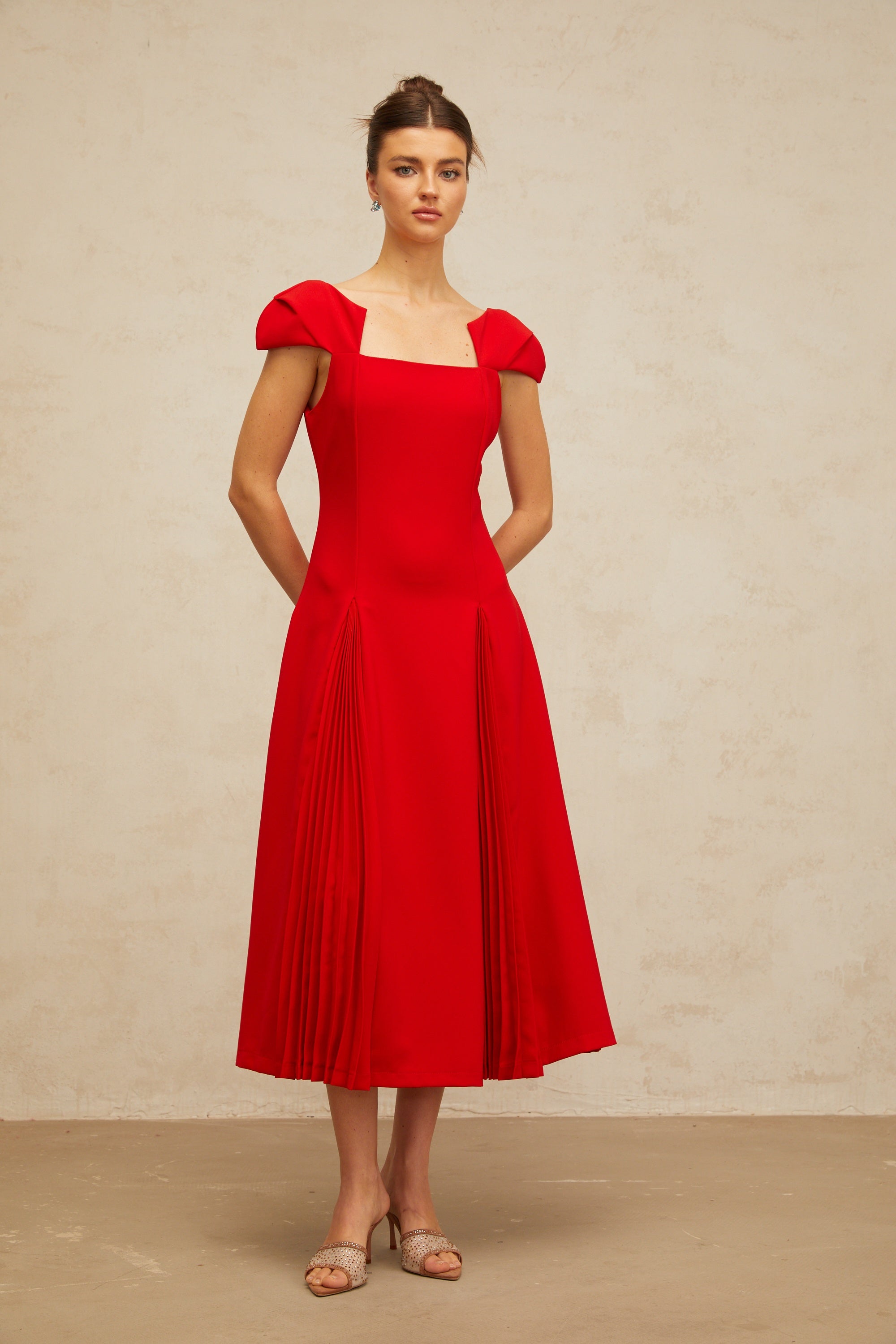 Gervaise red pleated-detail flared midi dress