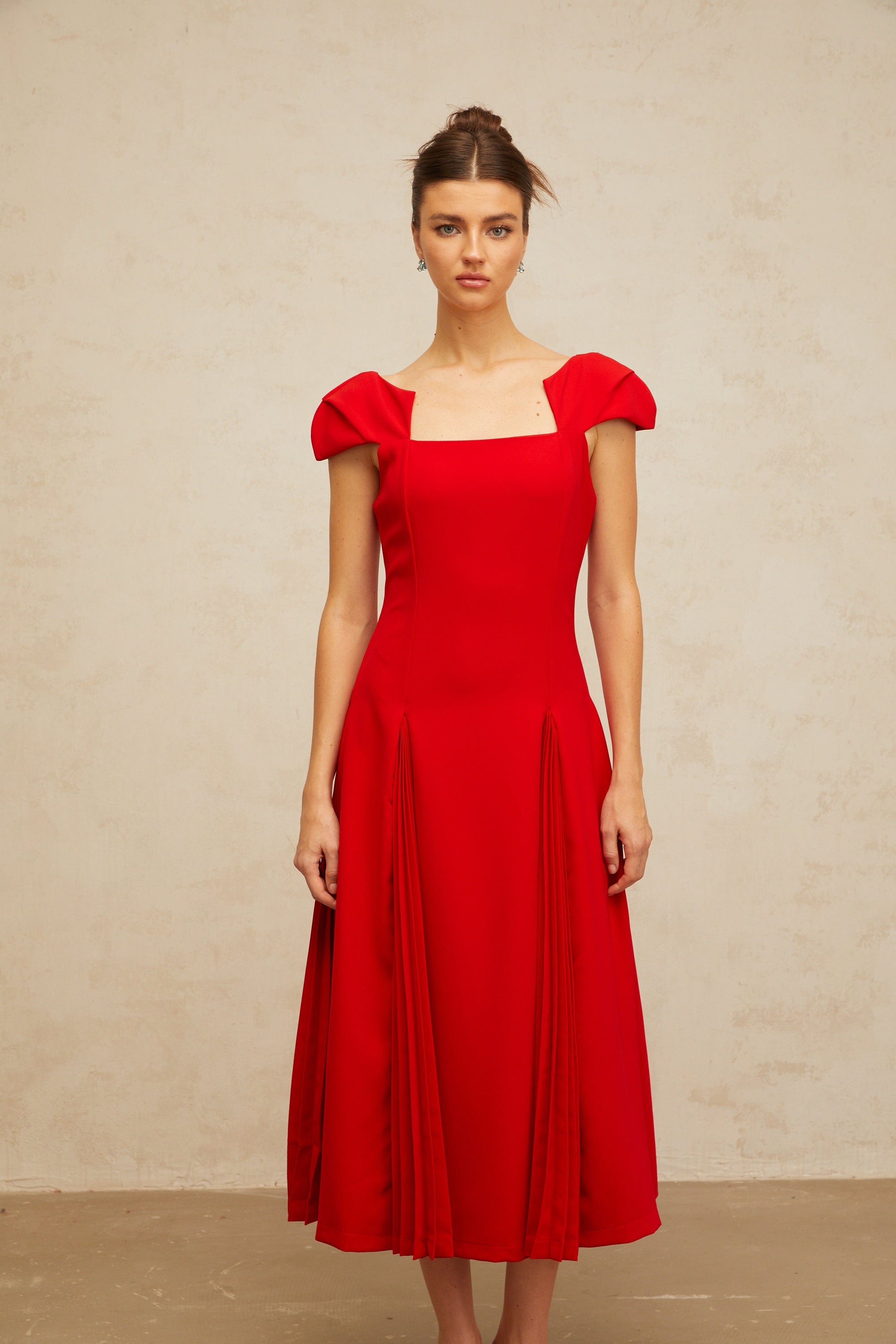 Gervaise red pleated-detail flared midi dress