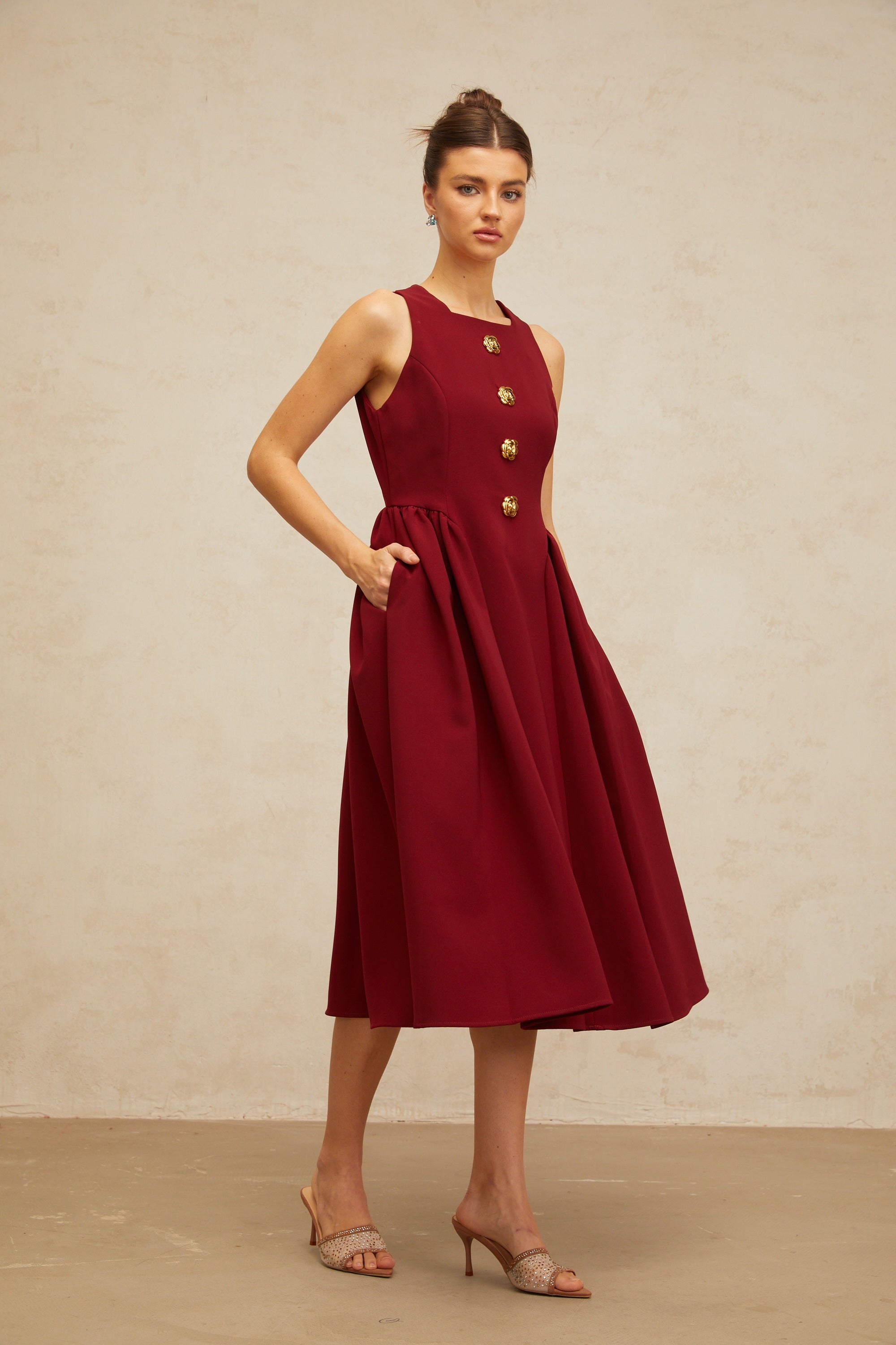 Amandine red flower-motif pleated midi tank dress
