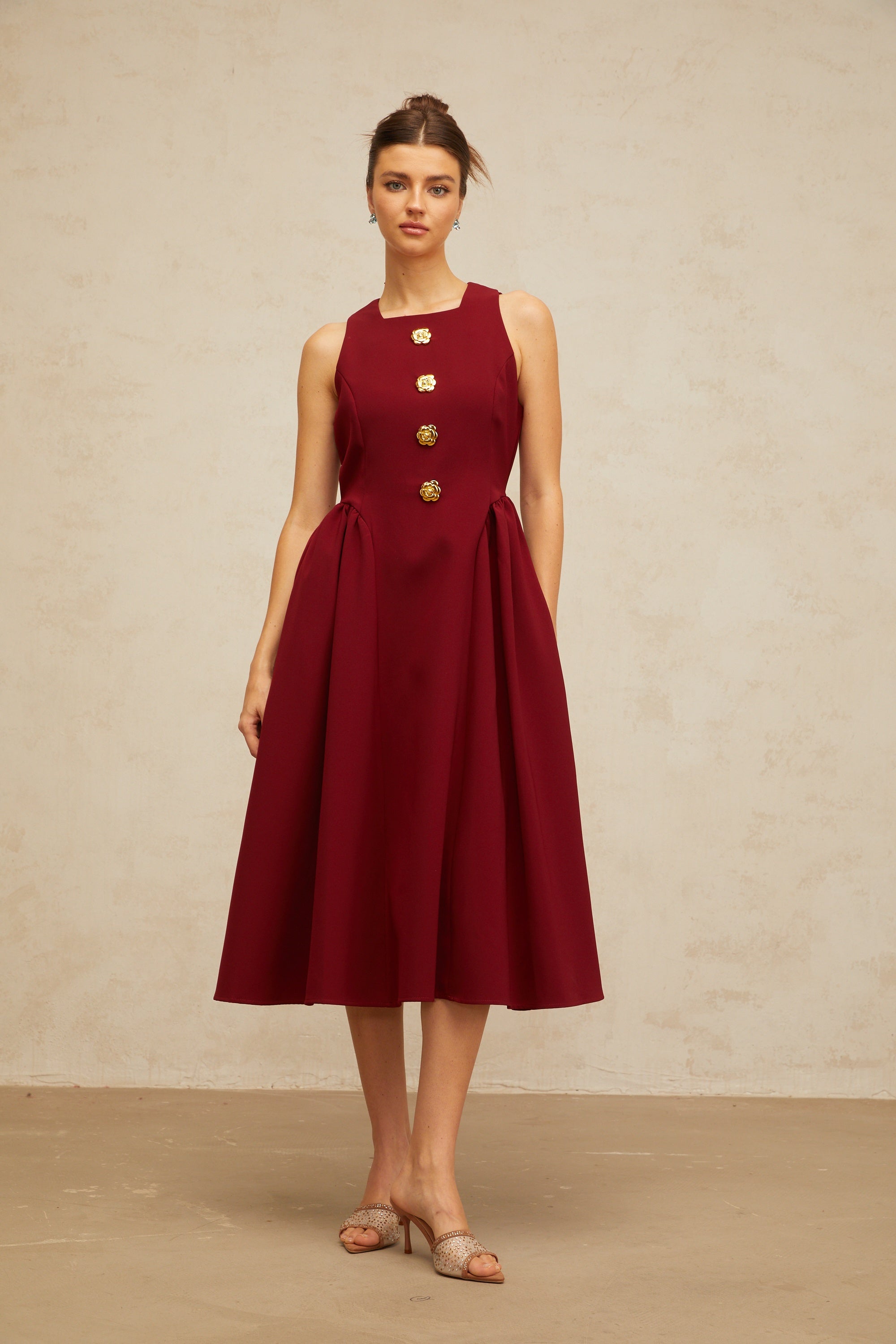 Amandine red flower-motif pleated midi tank dress