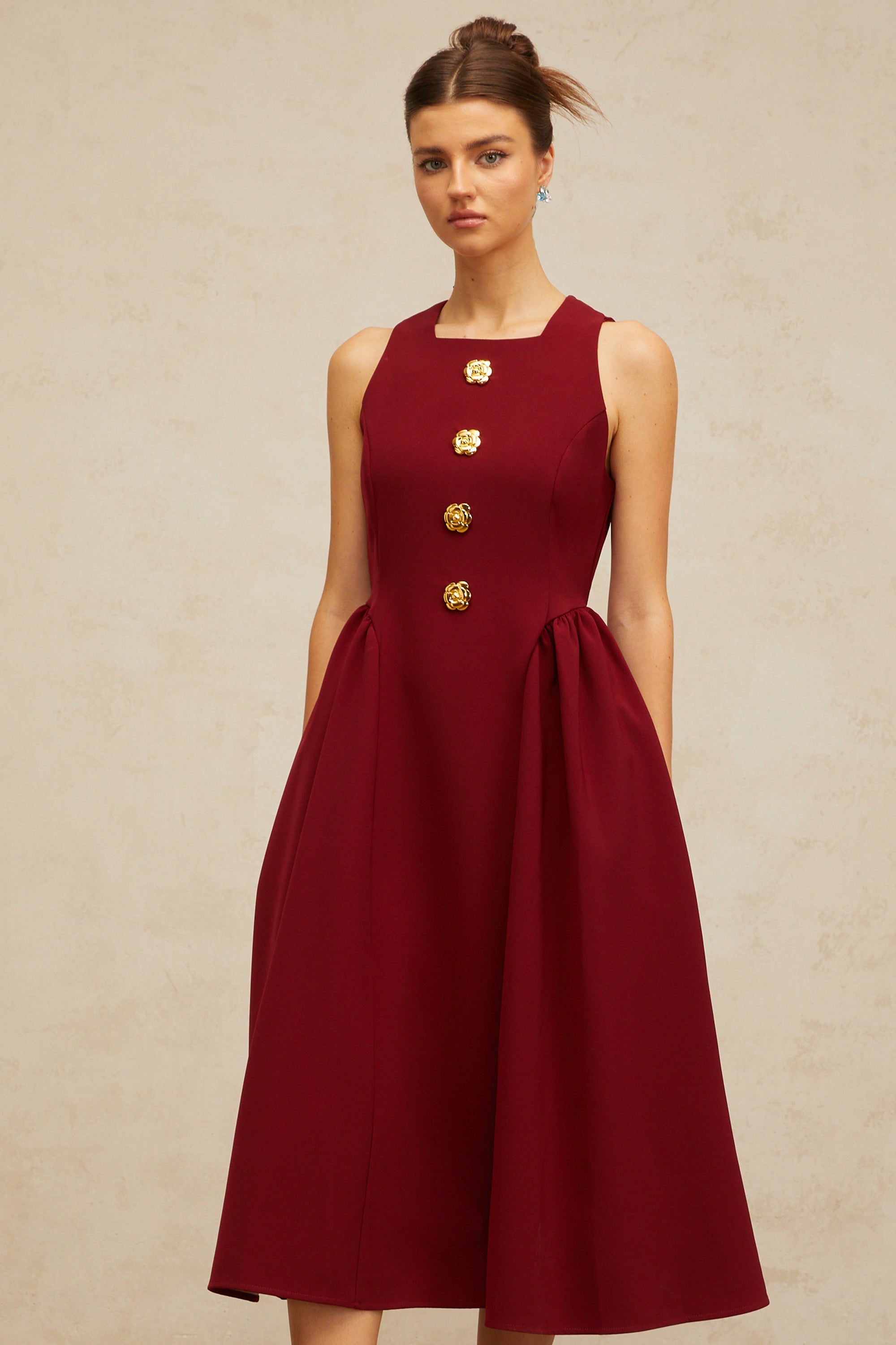 Amandine red flower-motif pleated midi tank dress