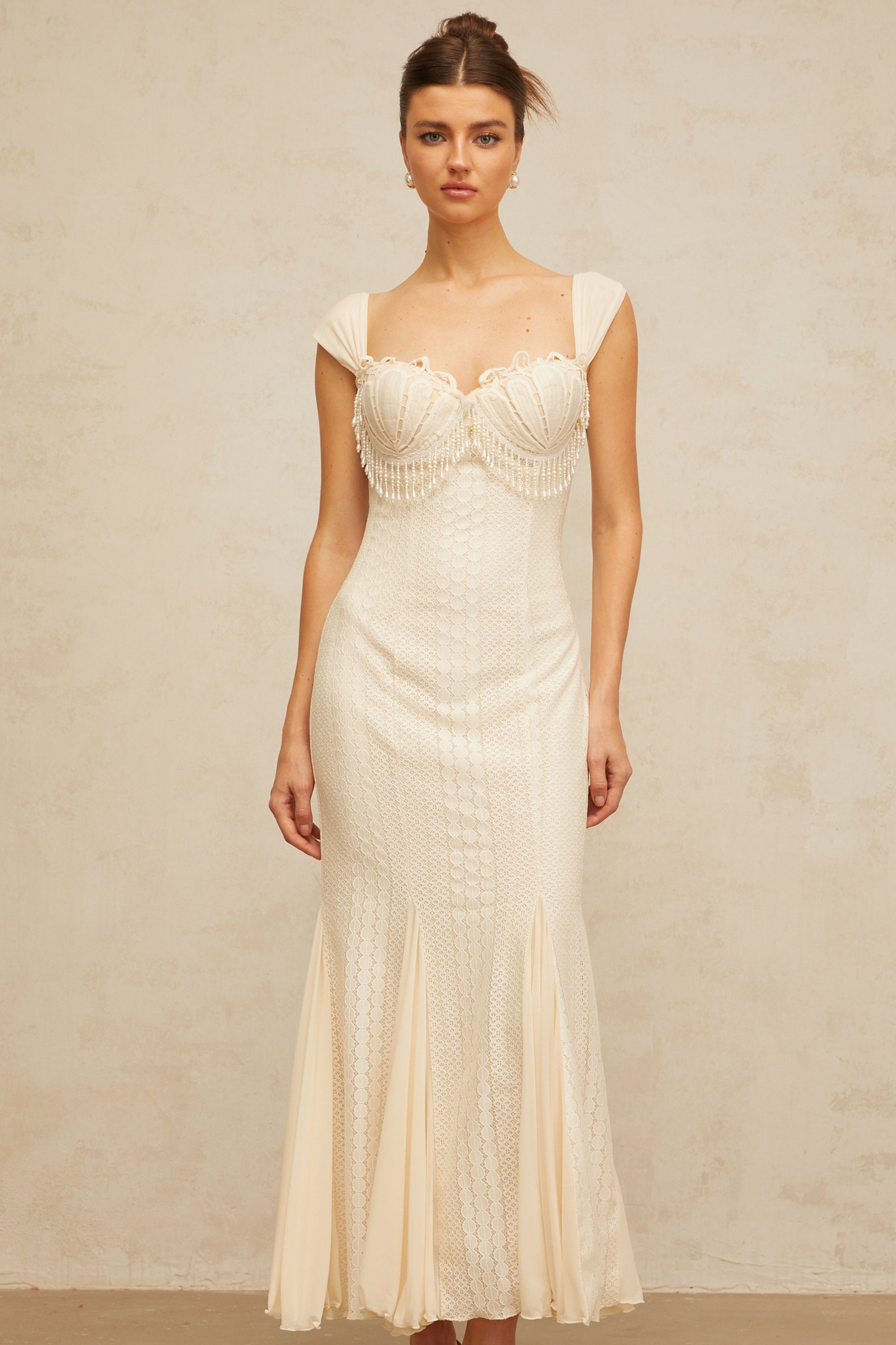 Calliopée cream-white embellished flared maxi dress