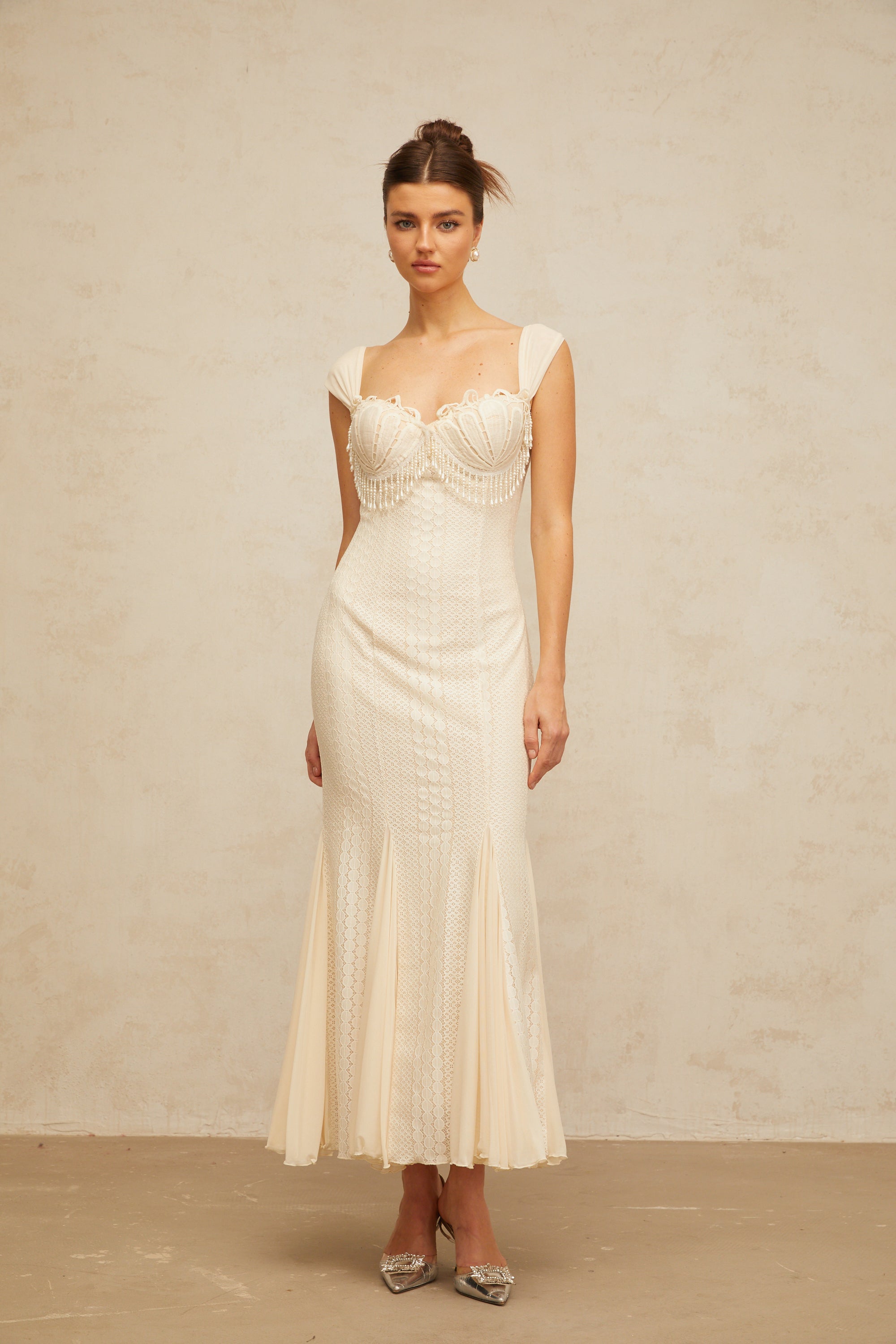 Calliopée cream-white embellished flared maxi dress
