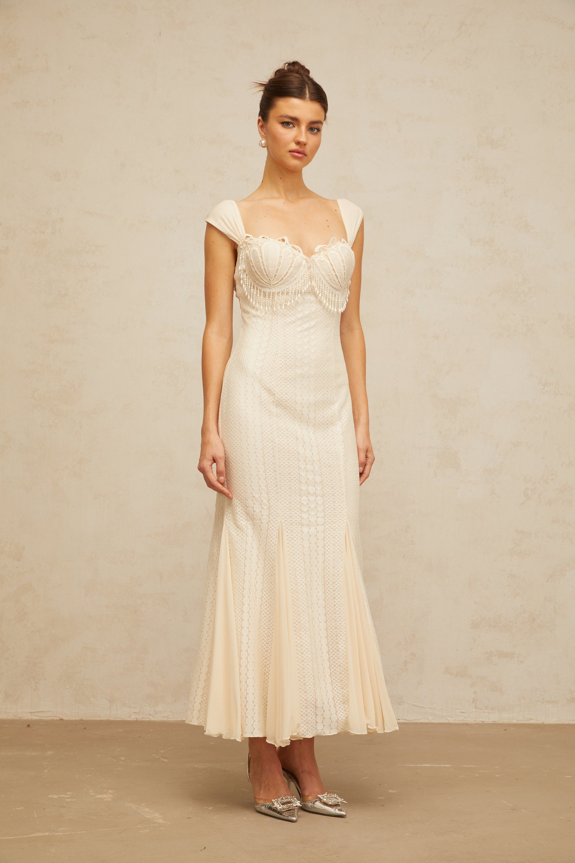 Calliopée cream-white embellished flared maxi dress