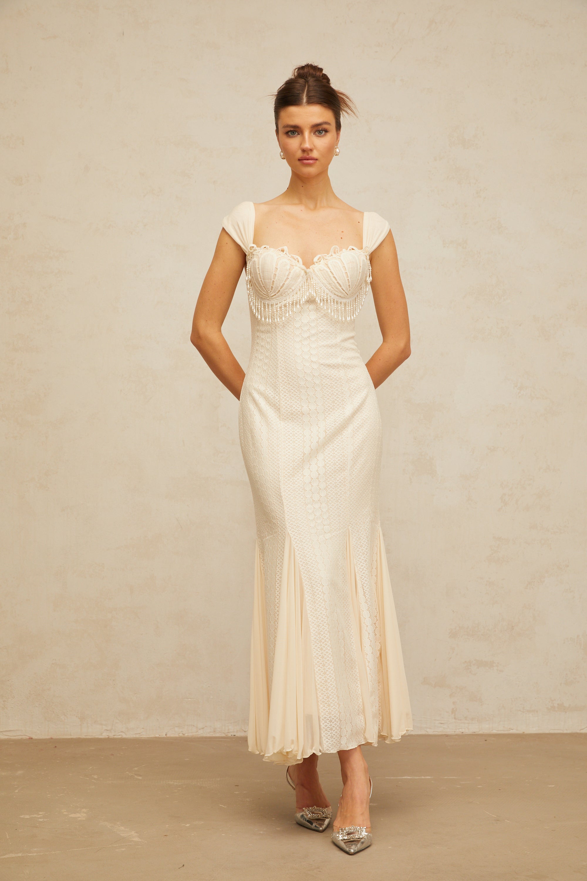 Calliopée cream-white embellished flared maxi dress