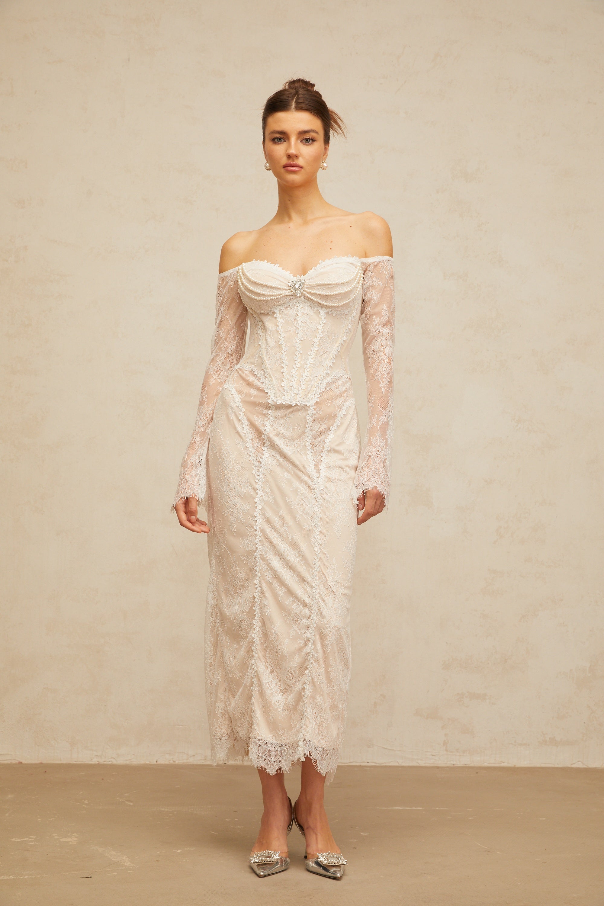 Énora white embellished floral-lace midi dress