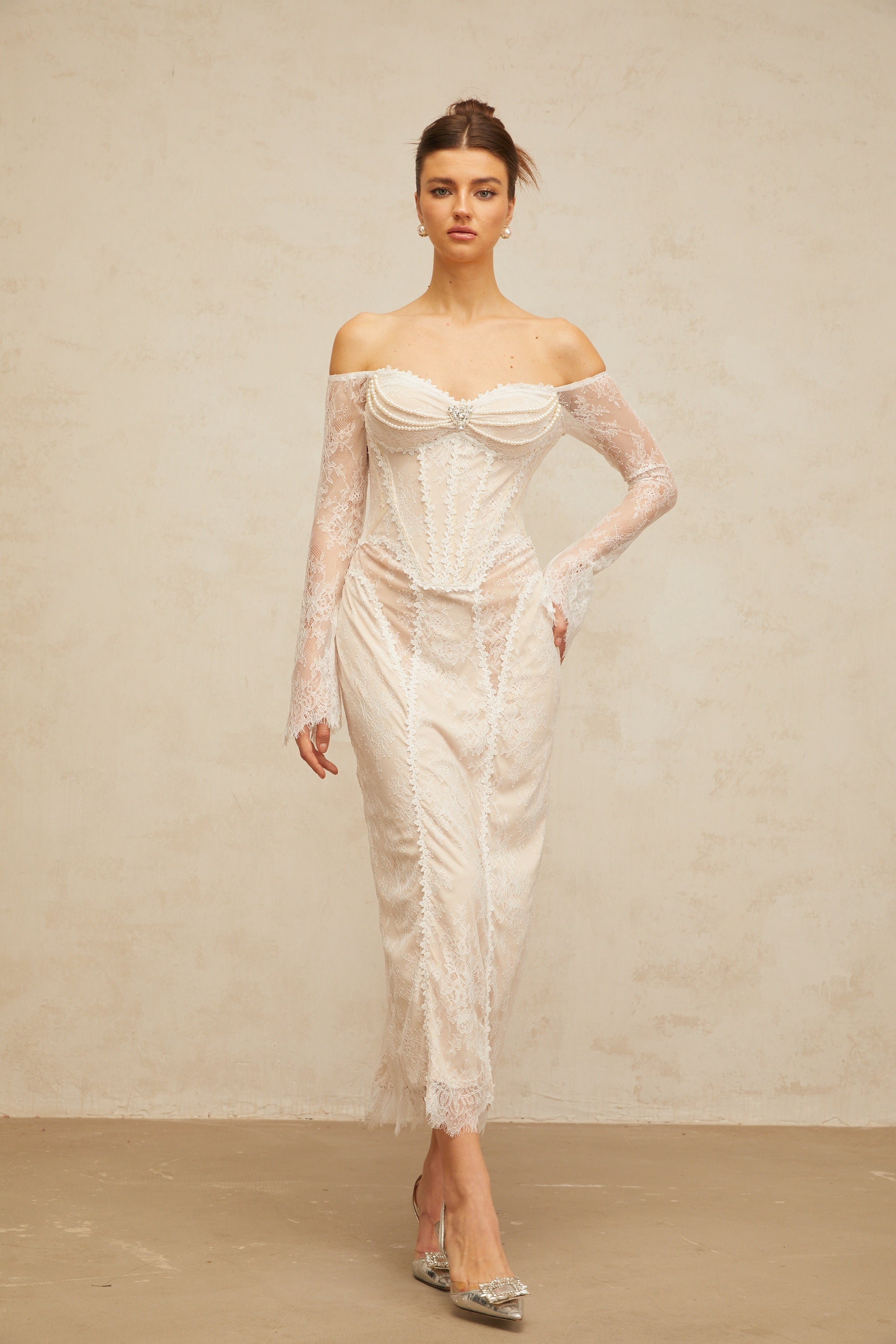 Énora white embellished floral-lace midi dress