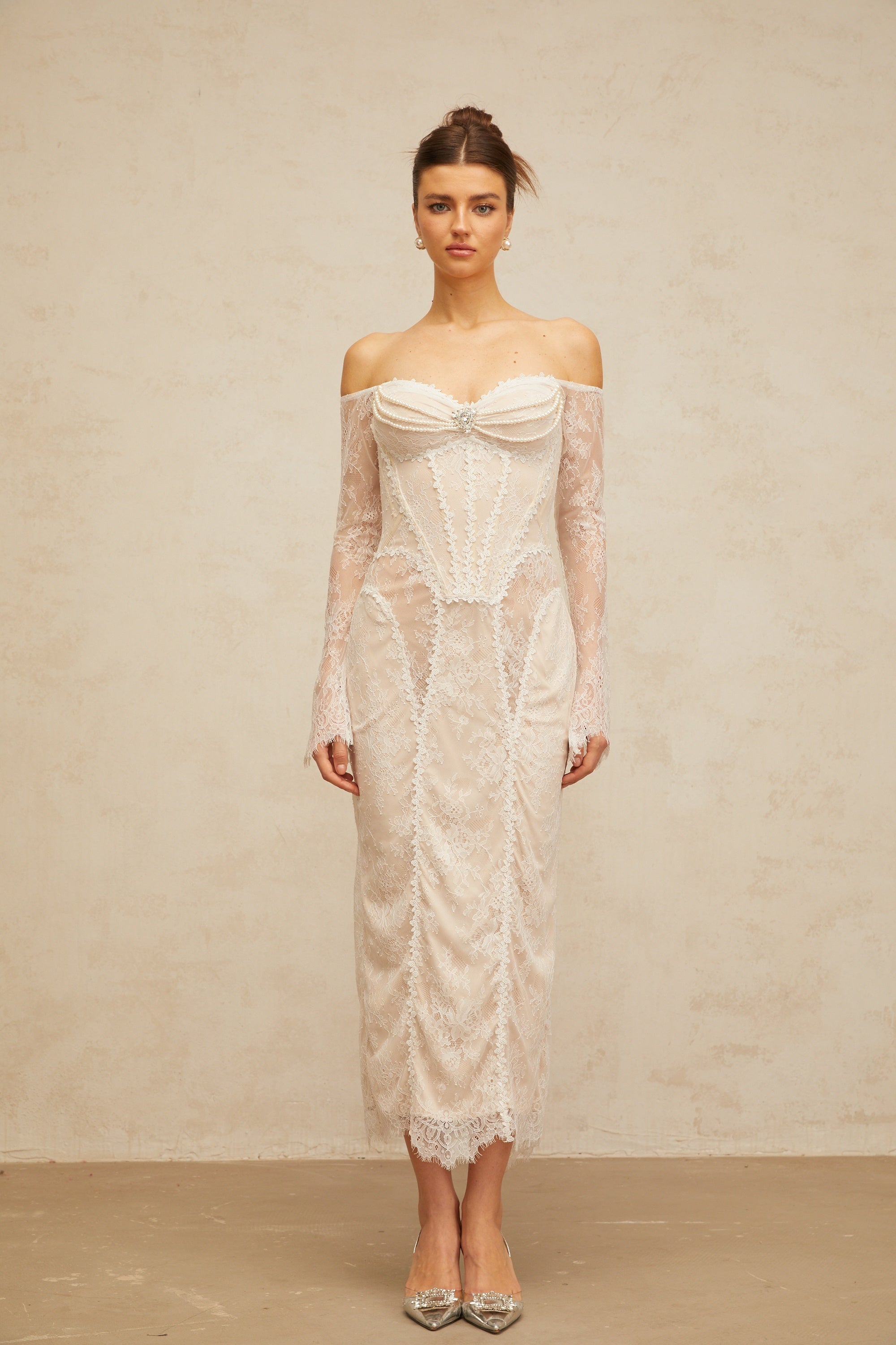 Énora white embellished floral-lace midi dress