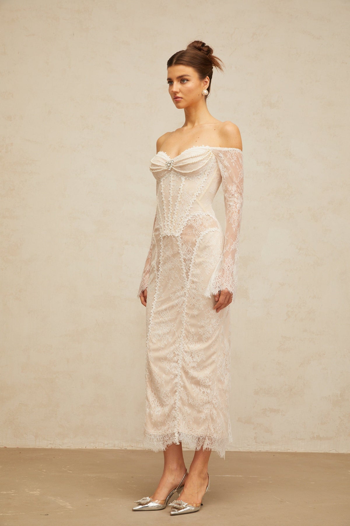 Énora white embellished floral-lace midi dress