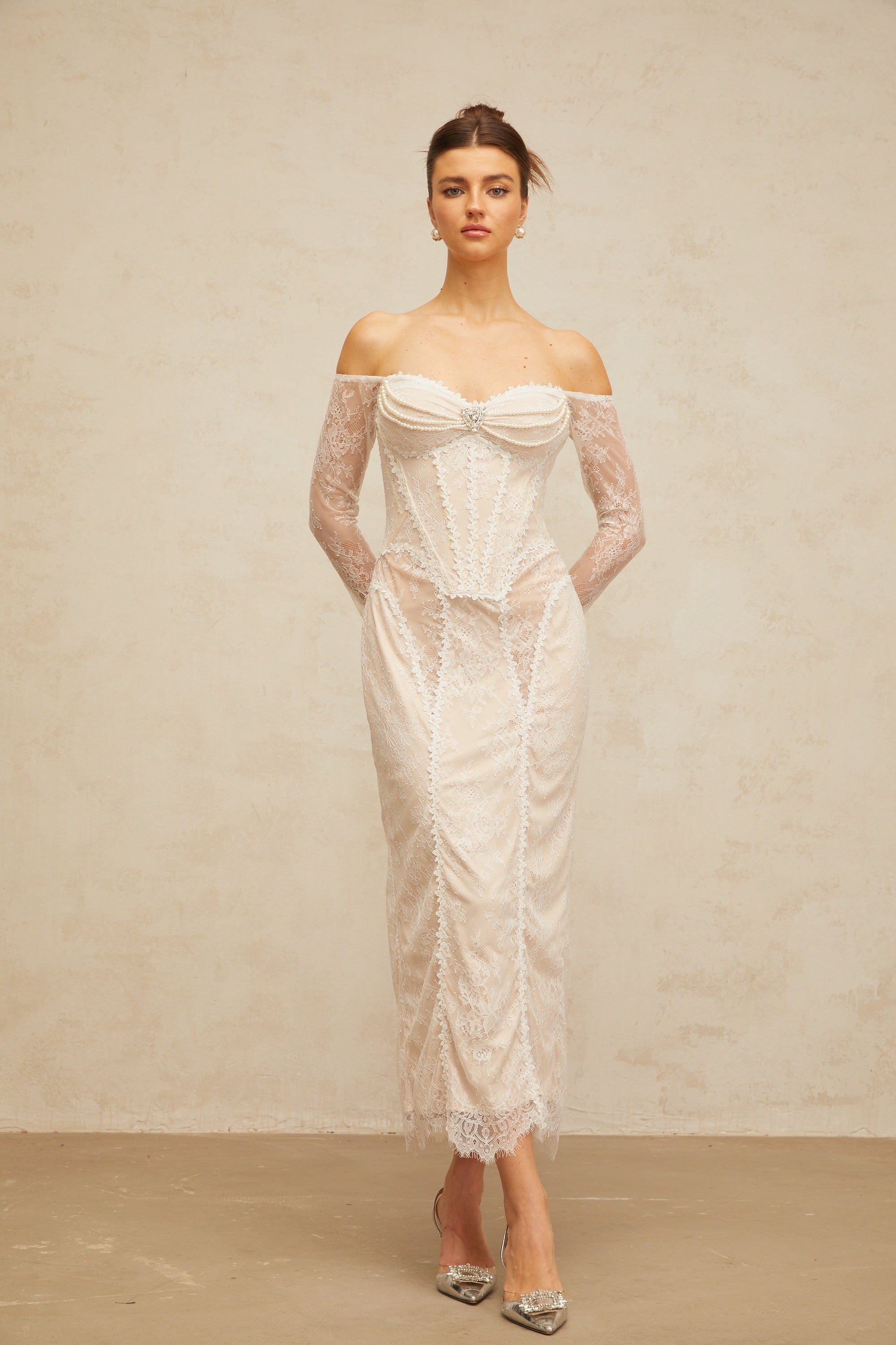 Énora white embellished floral-lace midi dress