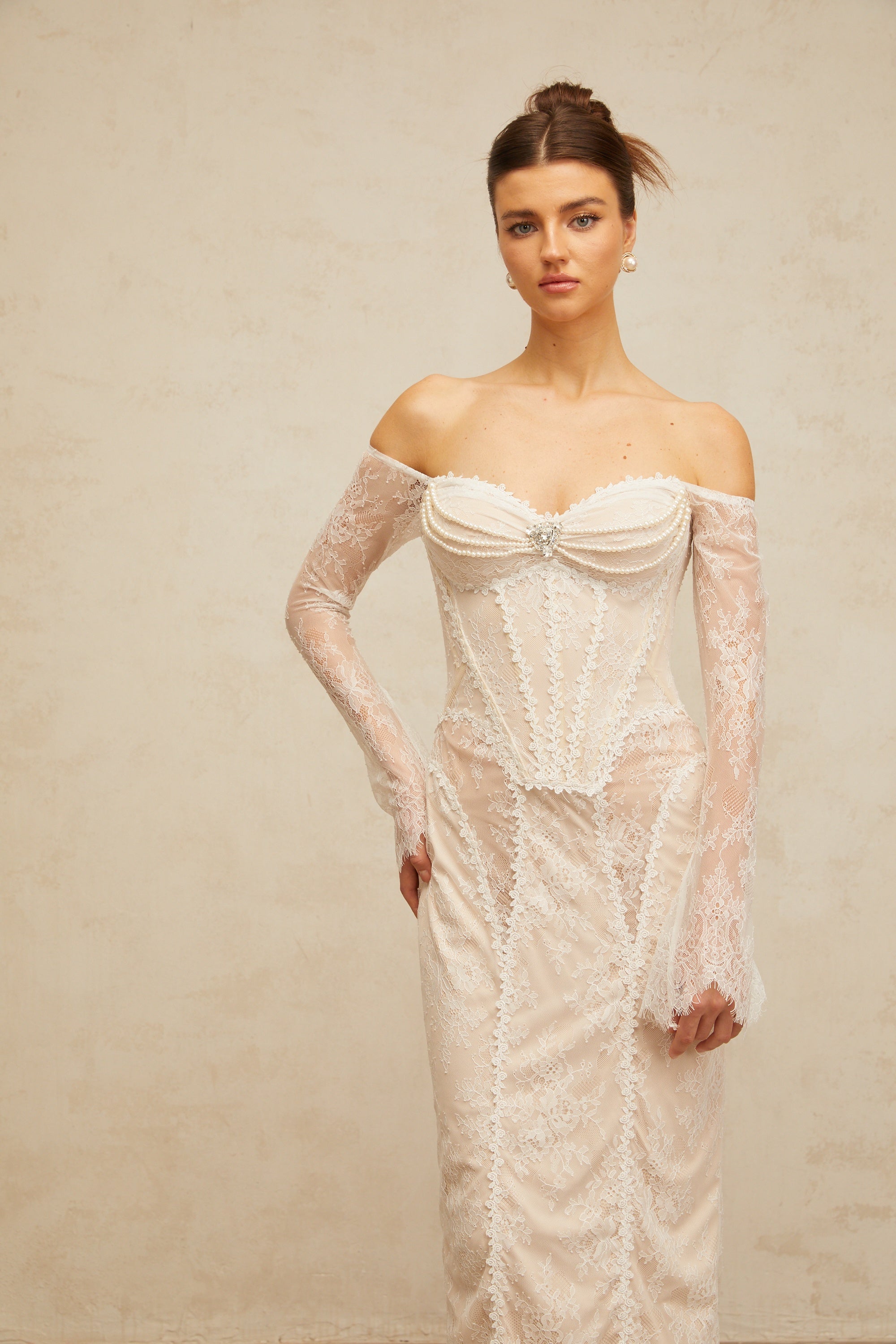 Énora white embellished floral-lace midi dress