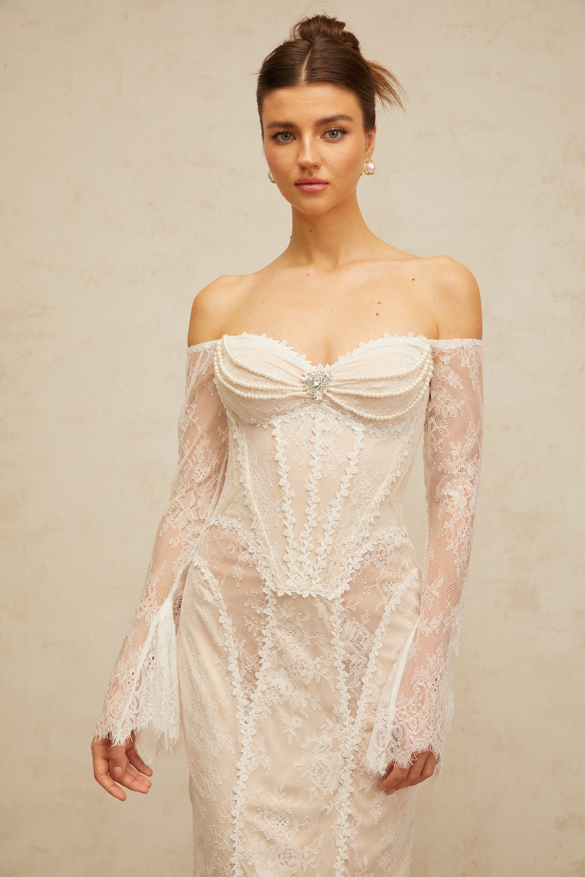 Énora white embellished floral-lace midi dress