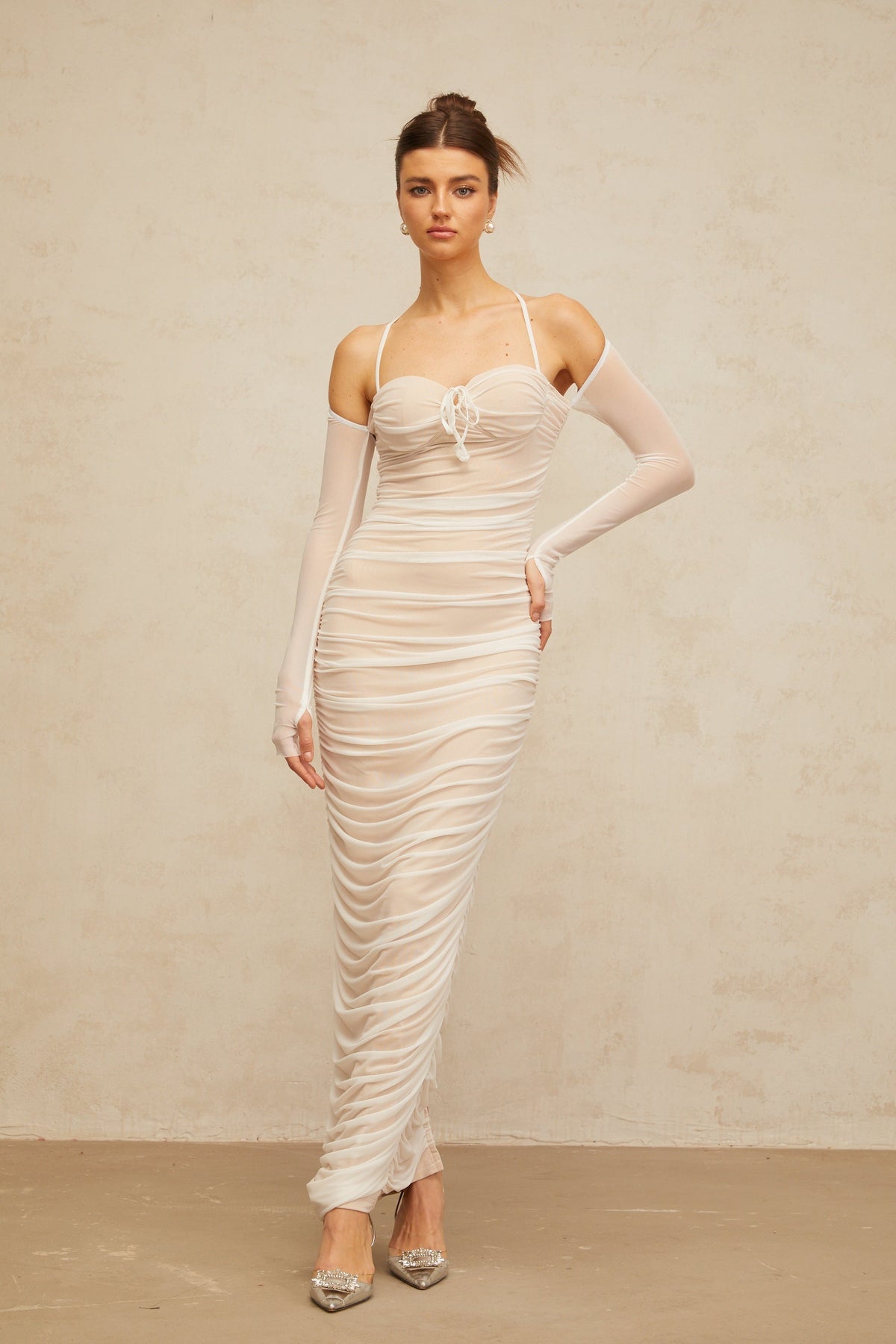 Ulysse white ruched bustier tulle maxi dress