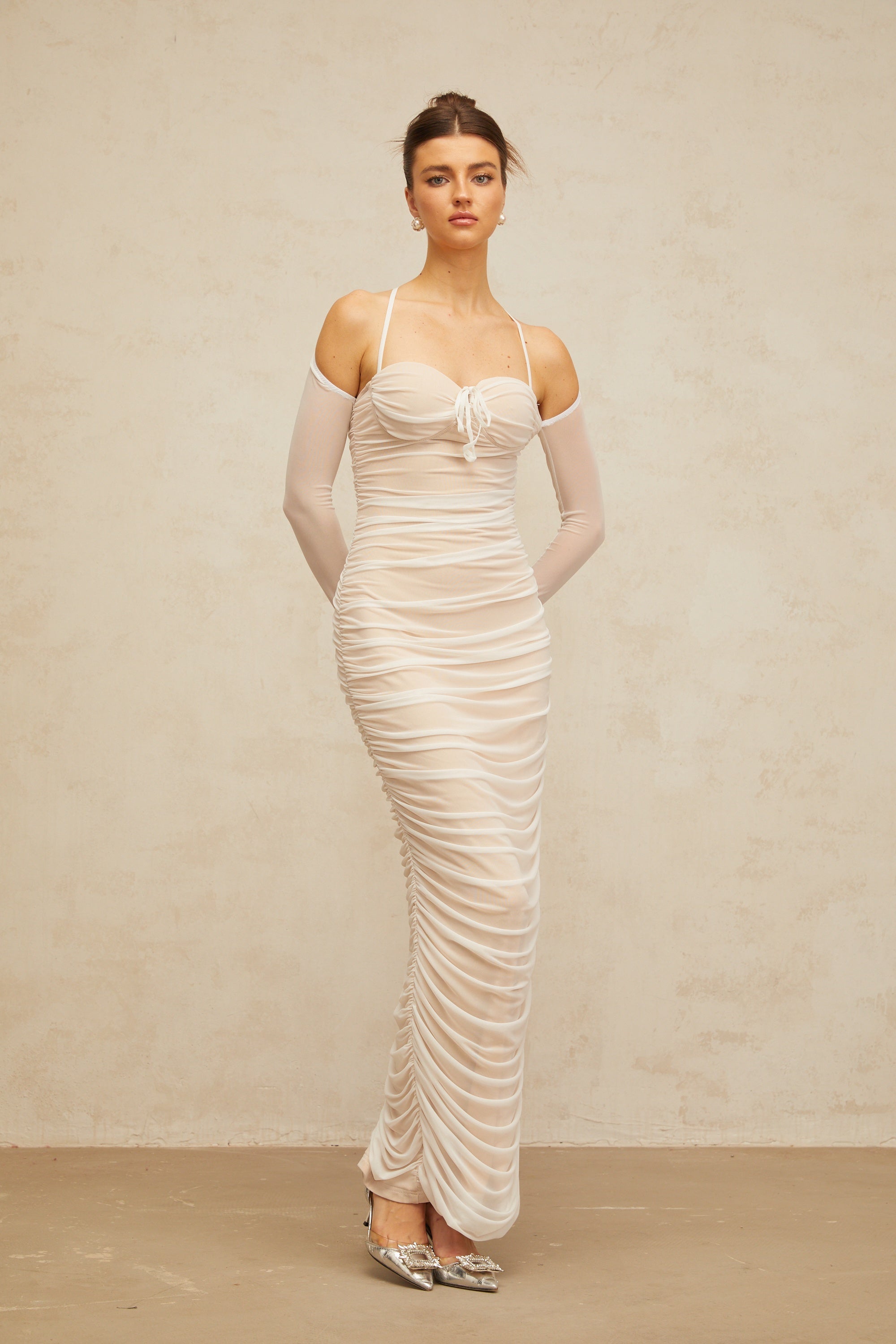 Ulysse white ruched bustier tulle maxi dress