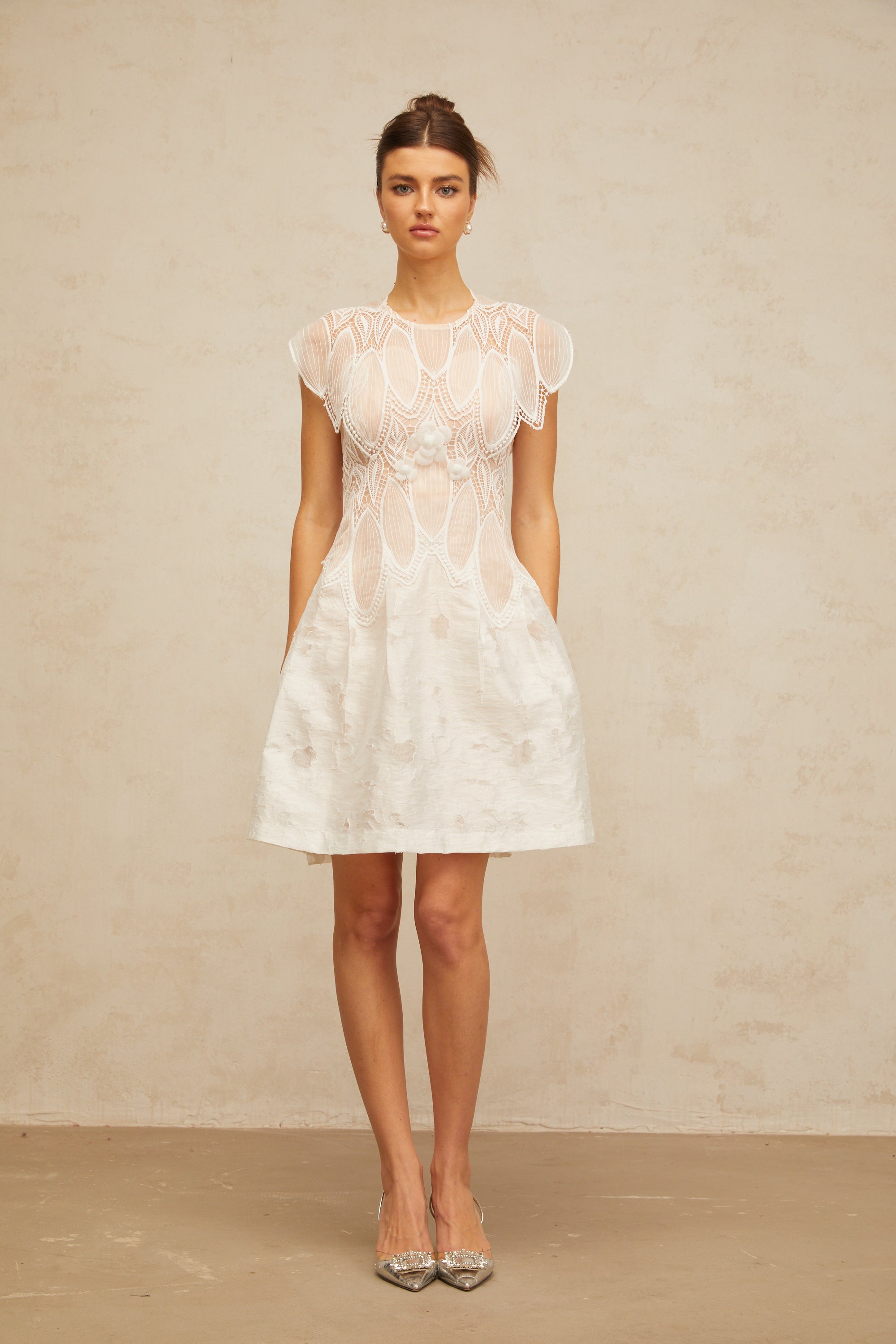 Clémence white 3D-petal corded-lace mini dress