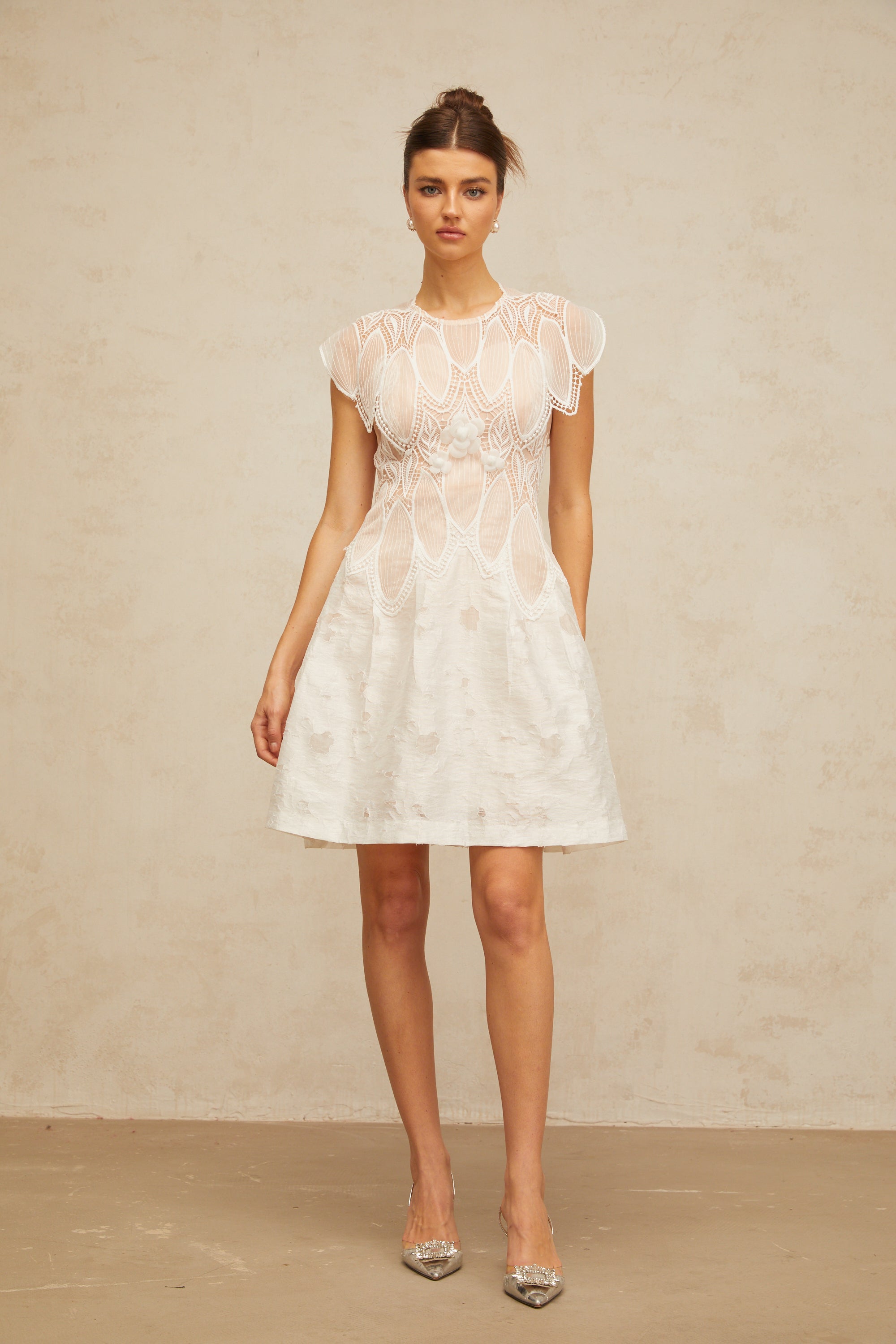 Clémence white 3D-petal corded-lace mini dress