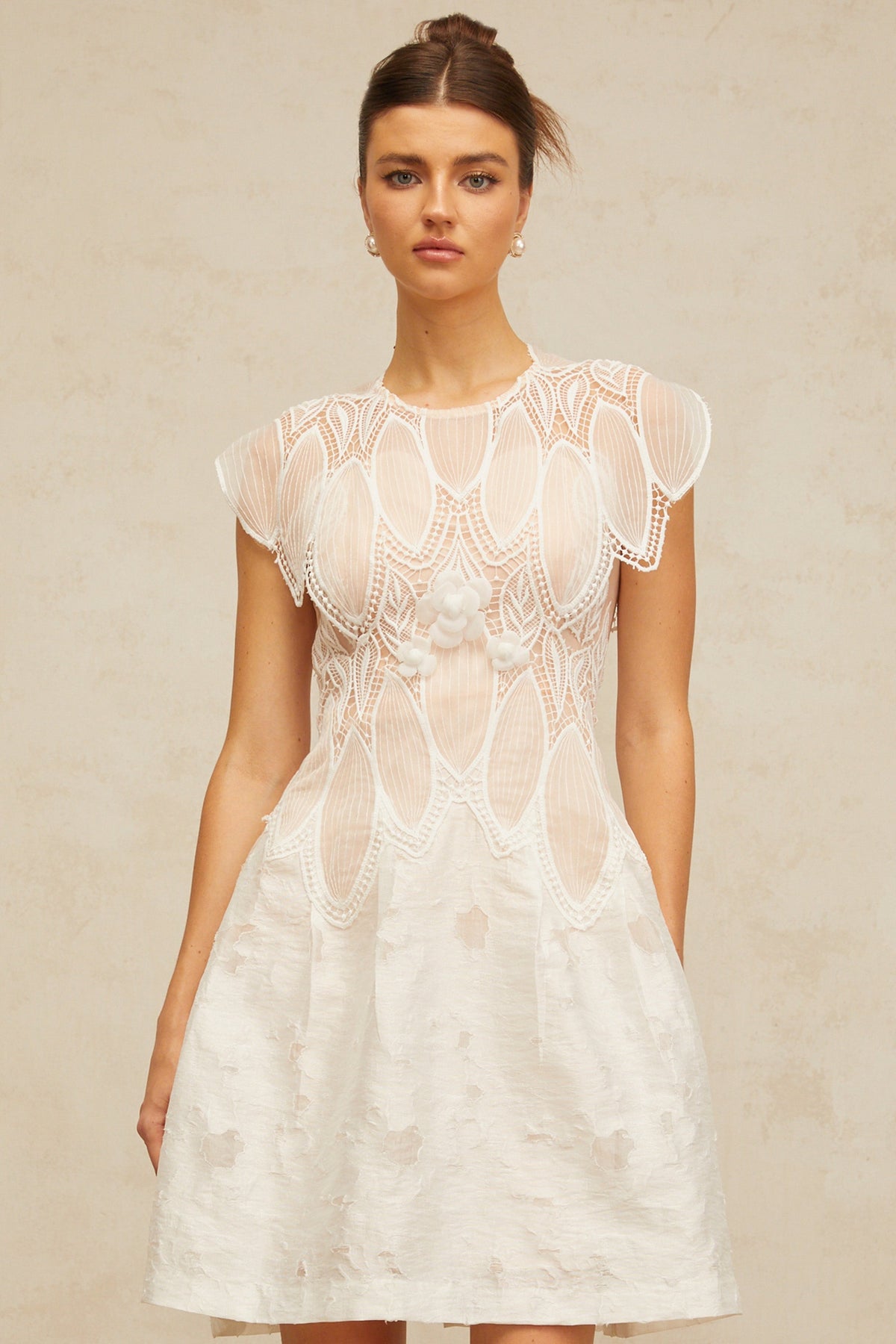 Clémence white 3D-petal corded-lace mini dress