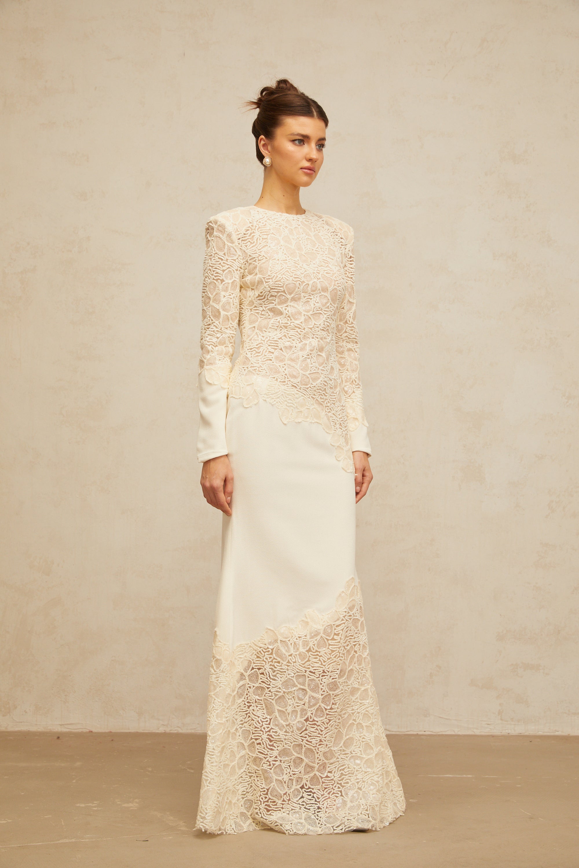 Mathilde off-white textured floral-embroidered sequined maxi dress