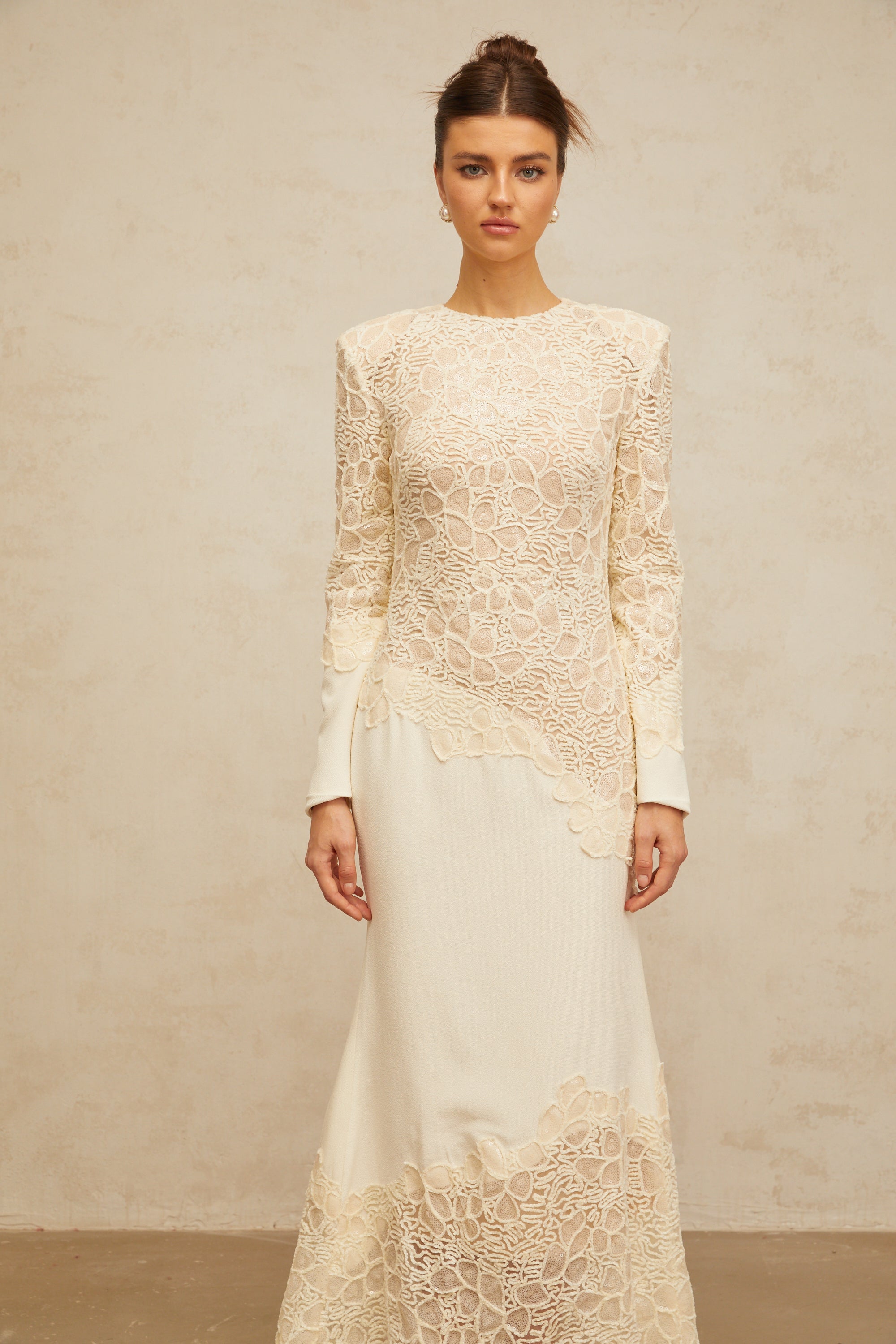 Mathilde off-white textured floral-embroidered sequined maxi dress