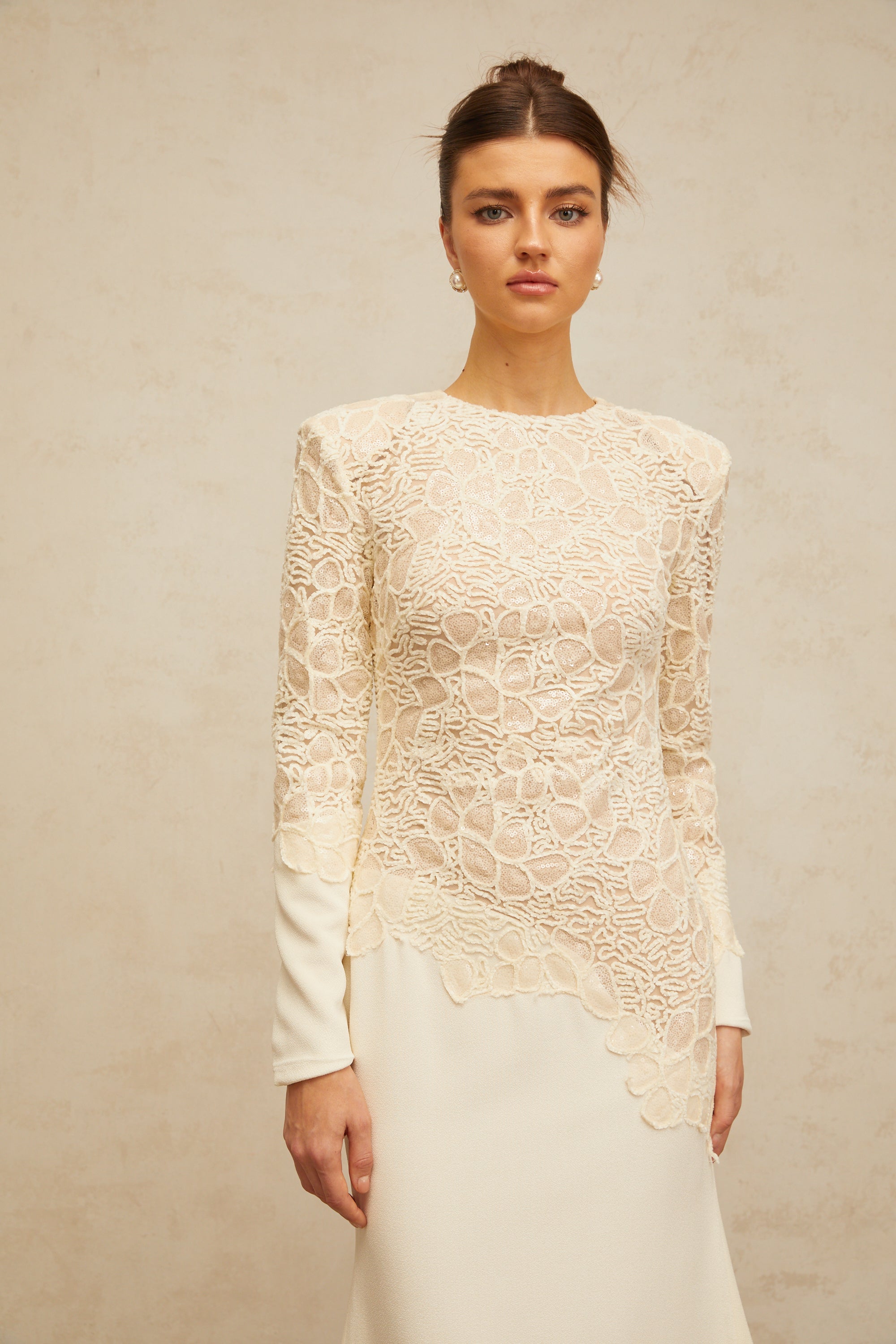 Mathilde off-white textured floral-embroidered sequined maxi dress