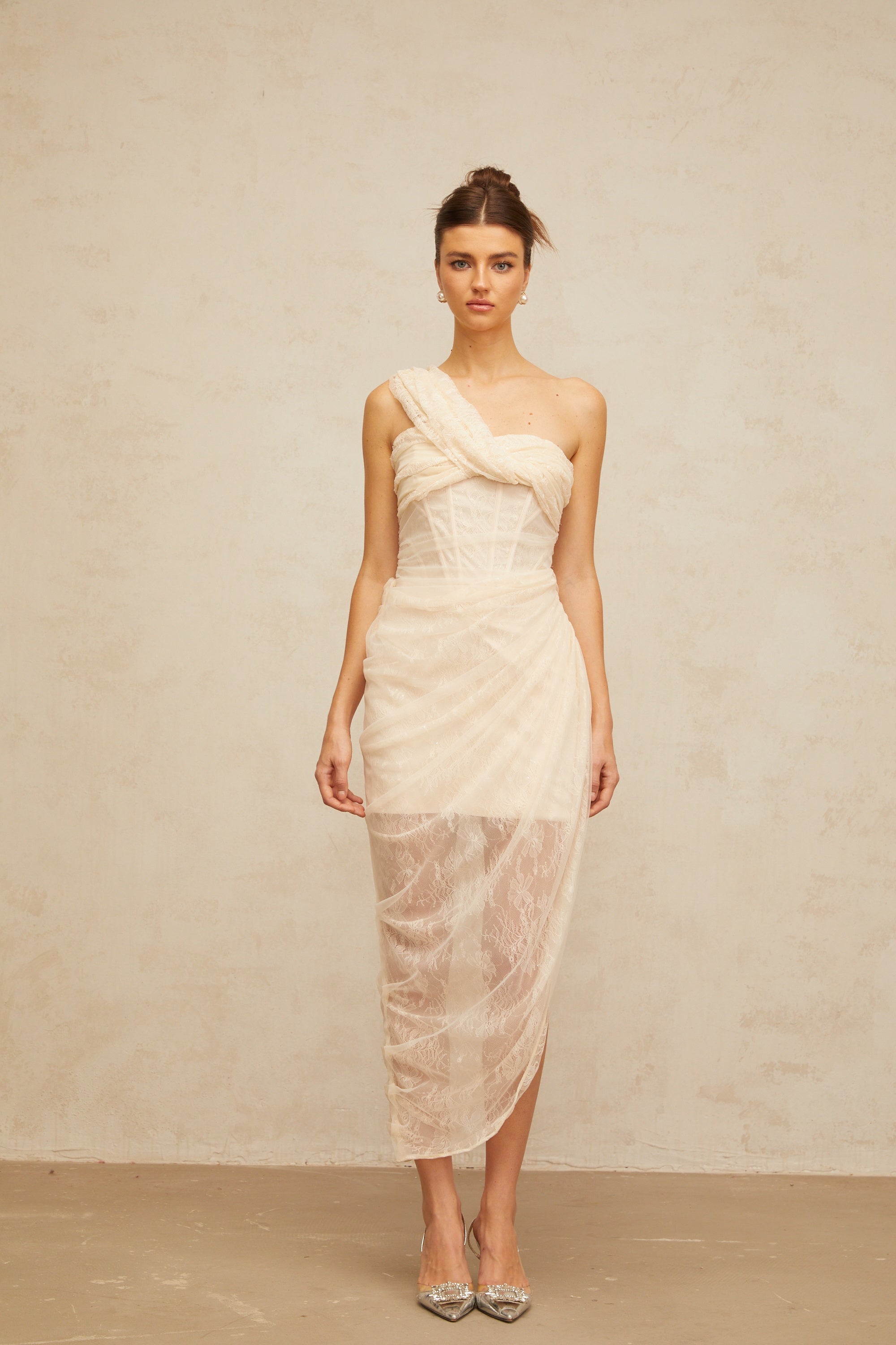 Pétunia gathered tulle-panel floral-lace midi dress