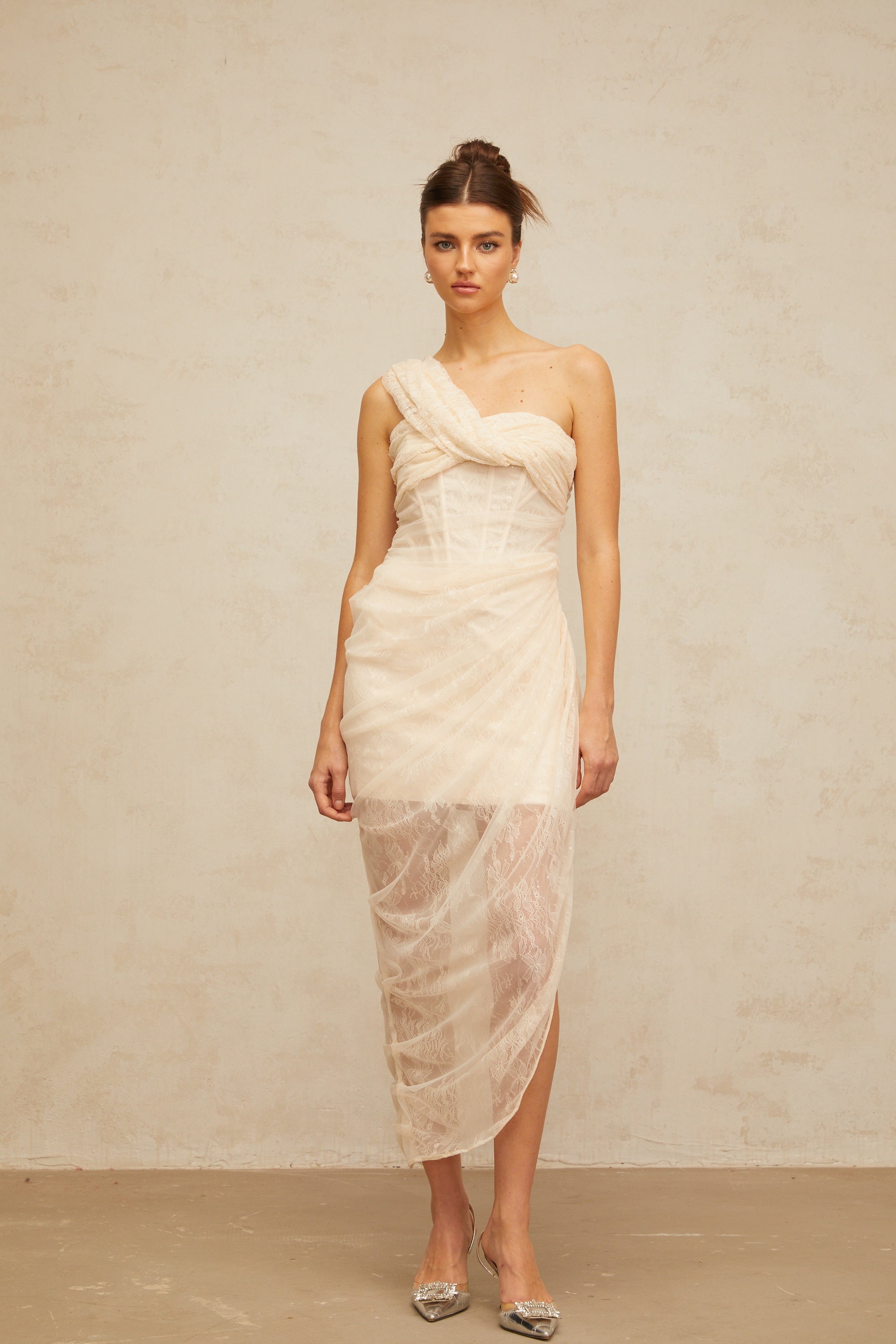 Pétunia gathered tulle-panel floral-lace midi dress