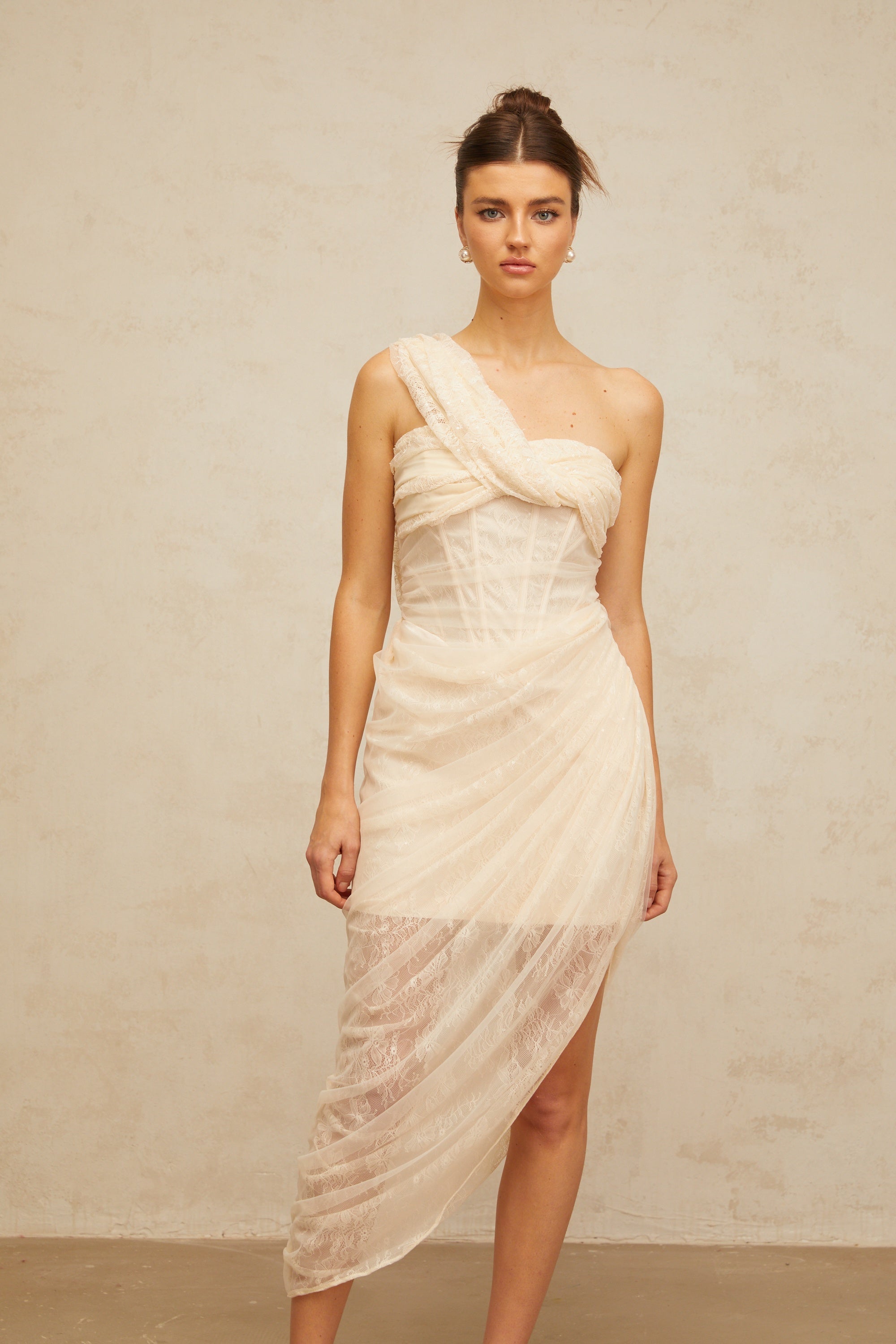 Pétunia gathered tulle-panel floral-lace midi dress
