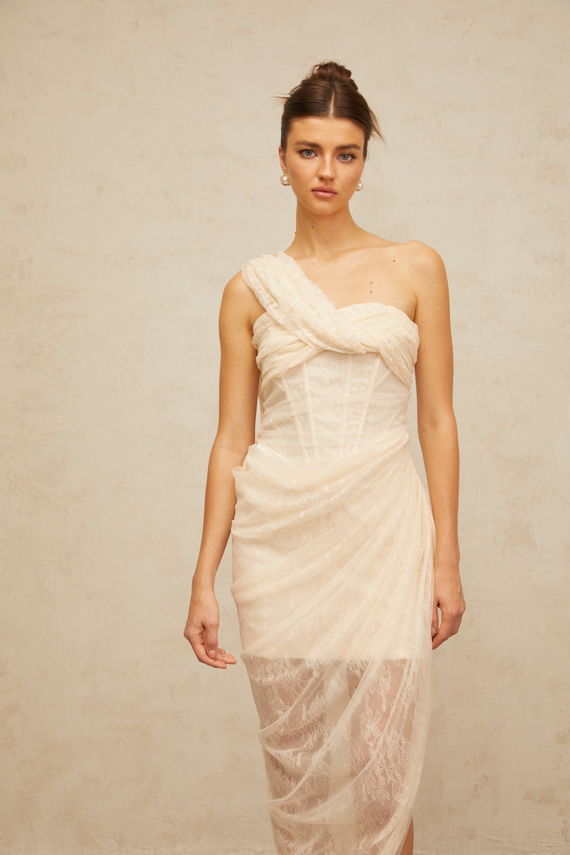 Pétunia gathered tulle-panel floral-lace midi dress