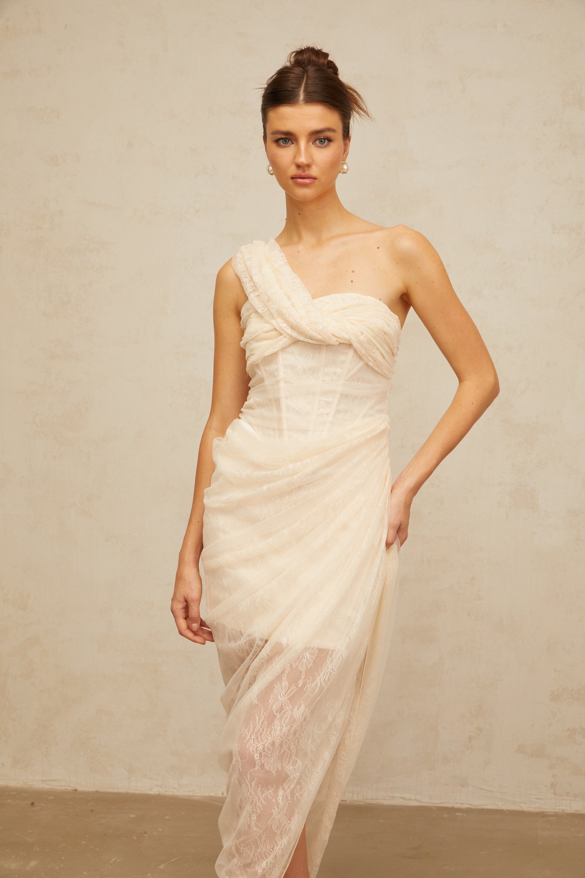 Pétunia gathered tulle-panel floral-lace midi dress