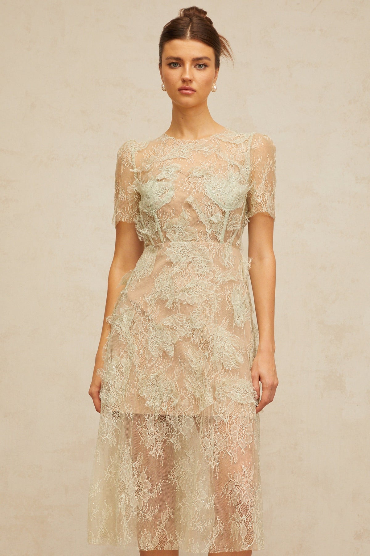 Xaviera mint-green floral-lace midi dress